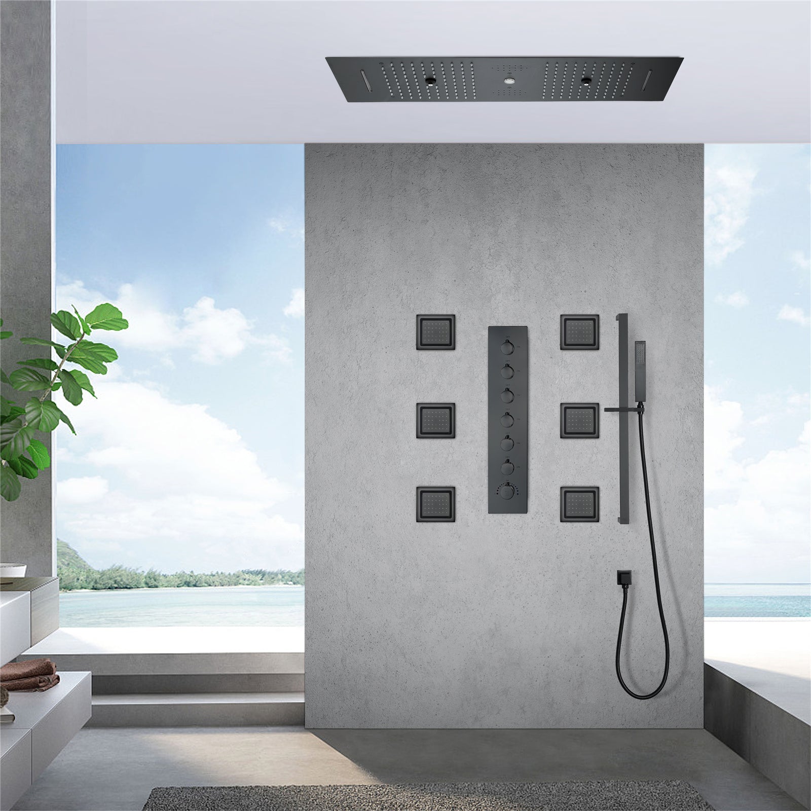 Eden Black| 36" Inch Ceiling Mounted Complete Luxury Shower Set Body Jets Led Light Rain Waterfall Misty Spry & Column