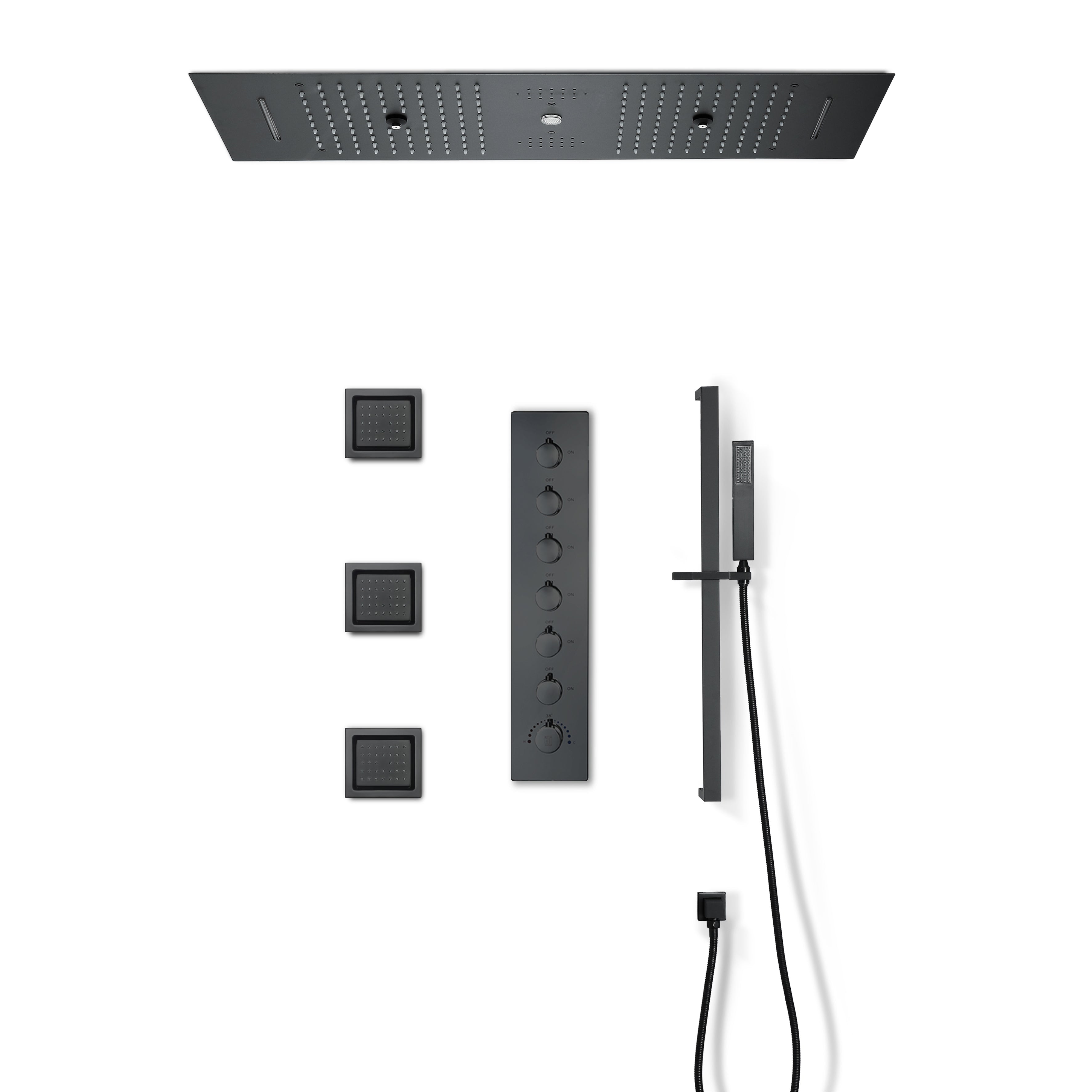 Eden Black| 36" Inch Ceiling Mounted Complete Luxury Shower Set Body Jets Led Light Rain Waterfall Misty Spry & Column