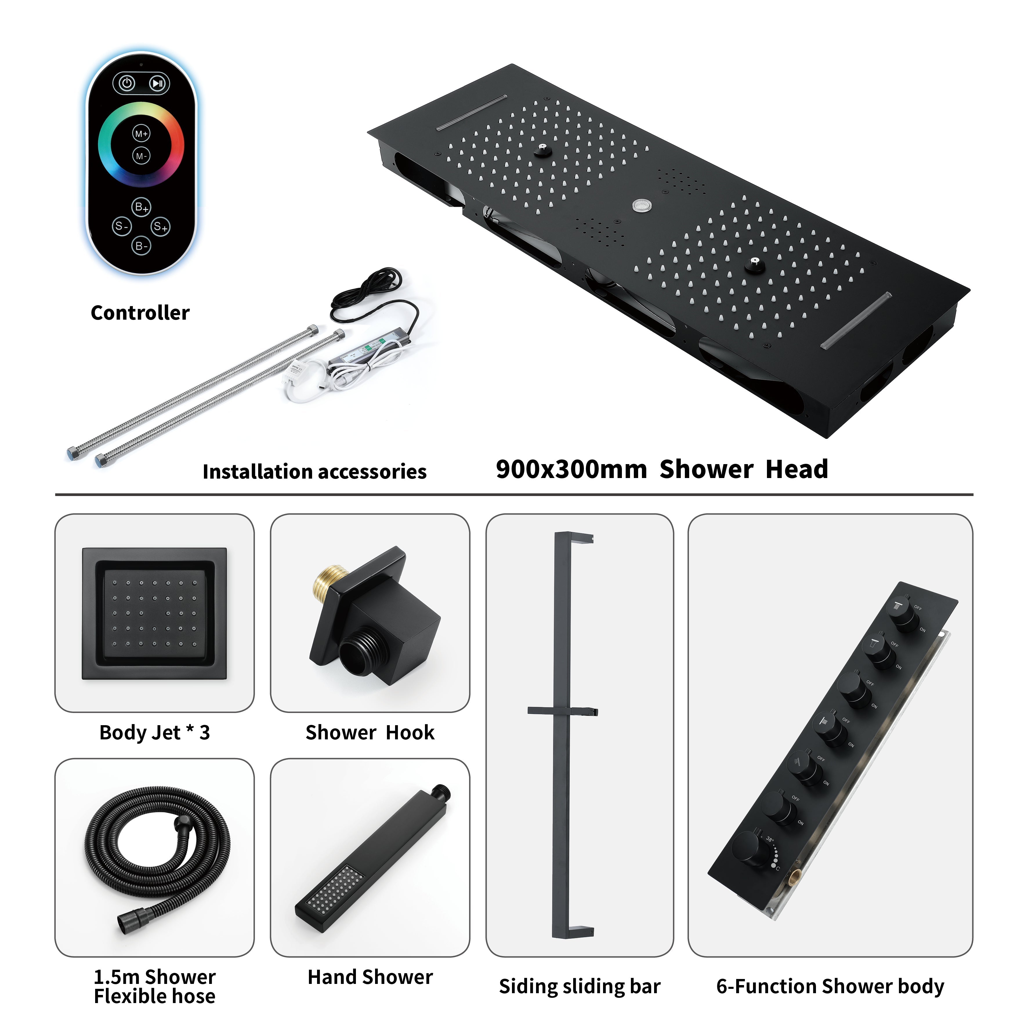 Eden Black| 36" Inch Ceiling Mounted Complete Luxury Shower Set Body Jets Led Light Rain Waterfall Misty Spry & Column