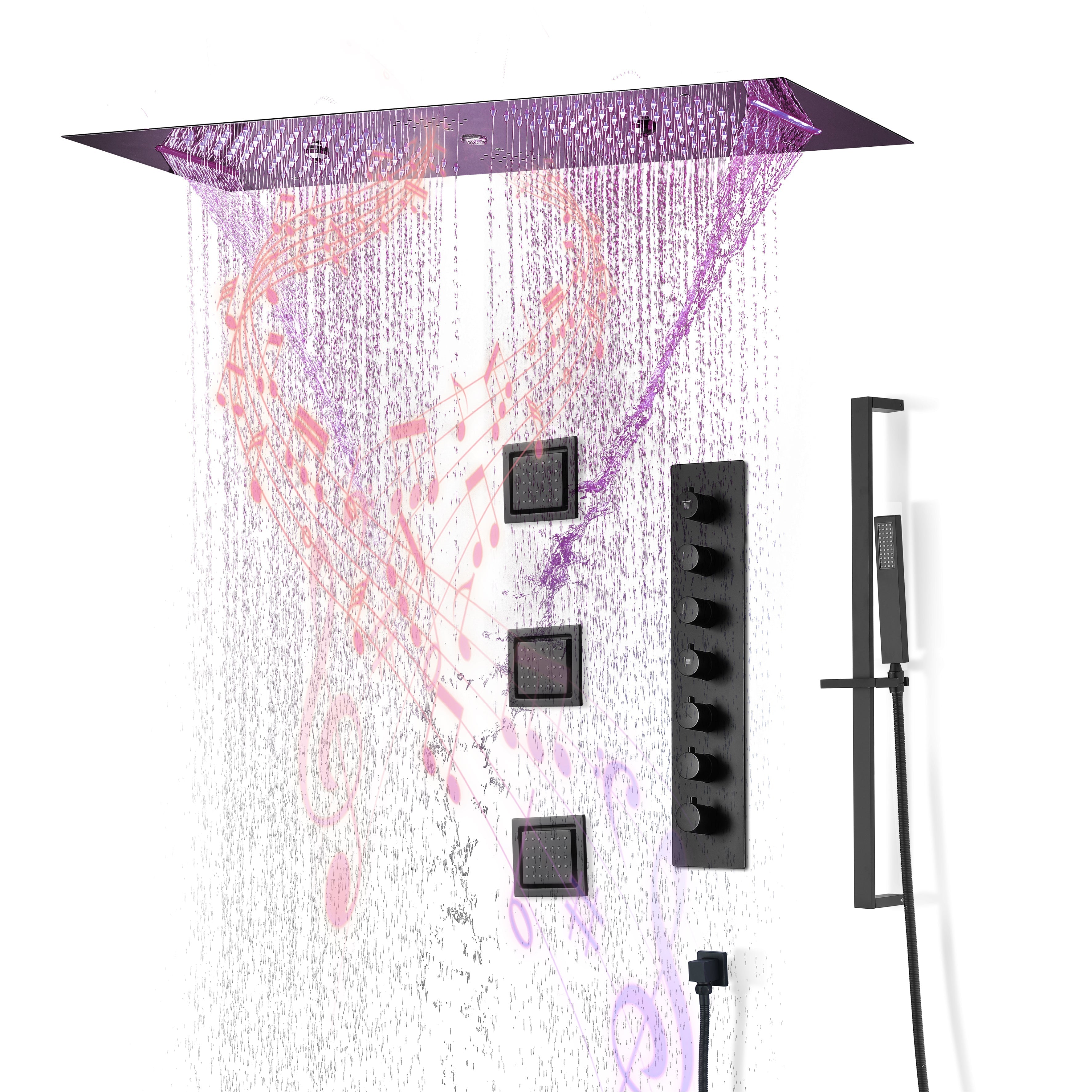 Eden Black| 36" Inch Ceiling Mounted Complete Luxury Shower Set Body Jets Led Light Rain Waterfall Misty Spry & Column