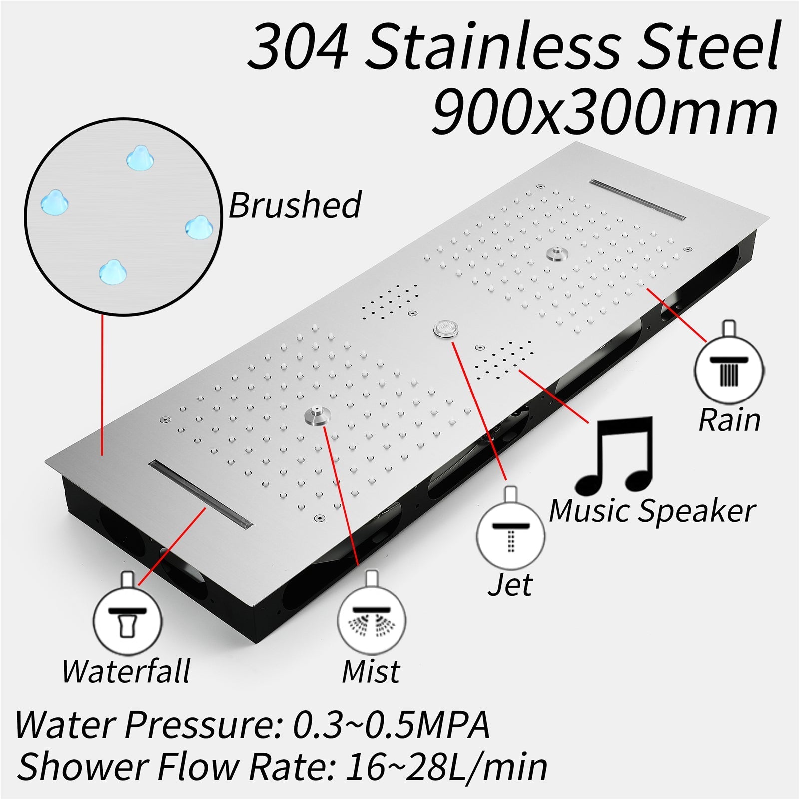 EDEN| BRUSHED NICKLE 36" Ceiling mounted Brushed Nickle Complete LED Music Shower Set Rainfall/Waterfall/Mist Spray/Water Column/Large Body Jets