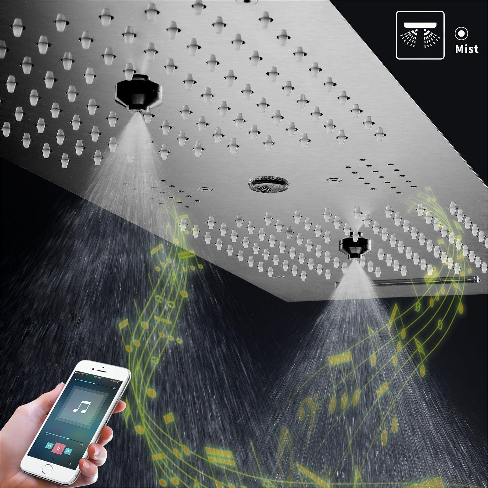 EDEN| BRUSHED NICKLE 36" Ceiling mounted Brushed Nickle Complete LED Music Shower Set Rainfall/Waterfall/Mist Spray/Water Column/Large Body Jets