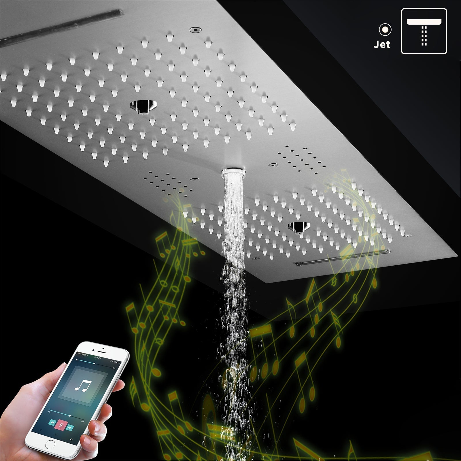 EDEN| BRUSHED NICKLE 36" Ceiling mounted Brushed Nickle Complete LED Music Shower Set Rainfall/Waterfall/Mist Spray/Water Column/Large Body Jets