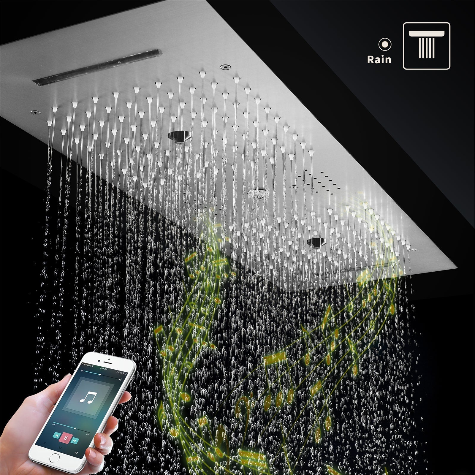 EDEN| BRUSHED NICKLE 36" Ceiling mounted Brushed Nickle Complete LED Music Shower Set Rainfall/Waterfall/Mist Spray/Water Column/Large Body Jets