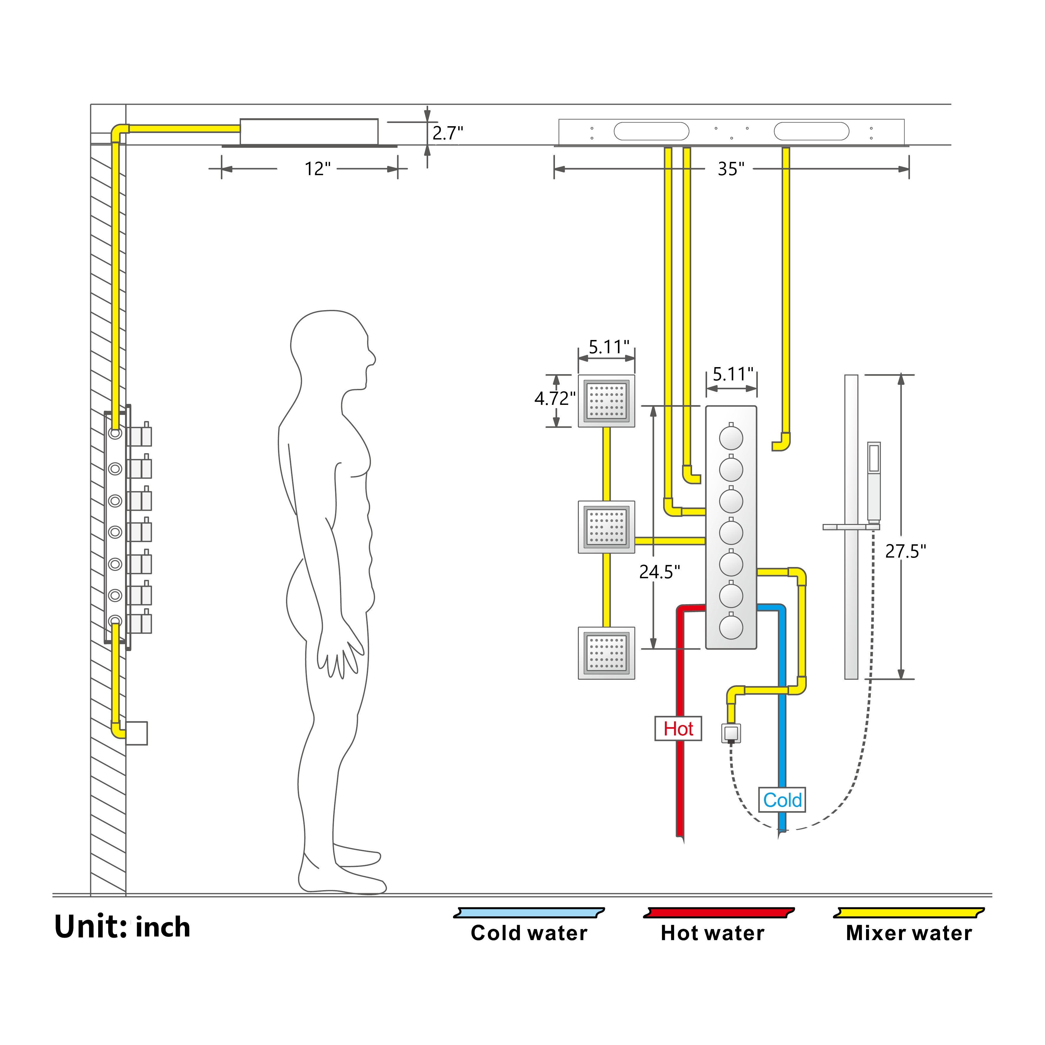 EDEN CHROME | Luxury 36" Inches Complete Led Music Shower Set Rain/waterfall/mist Spray/water Column/3 Large Body Jets Functions