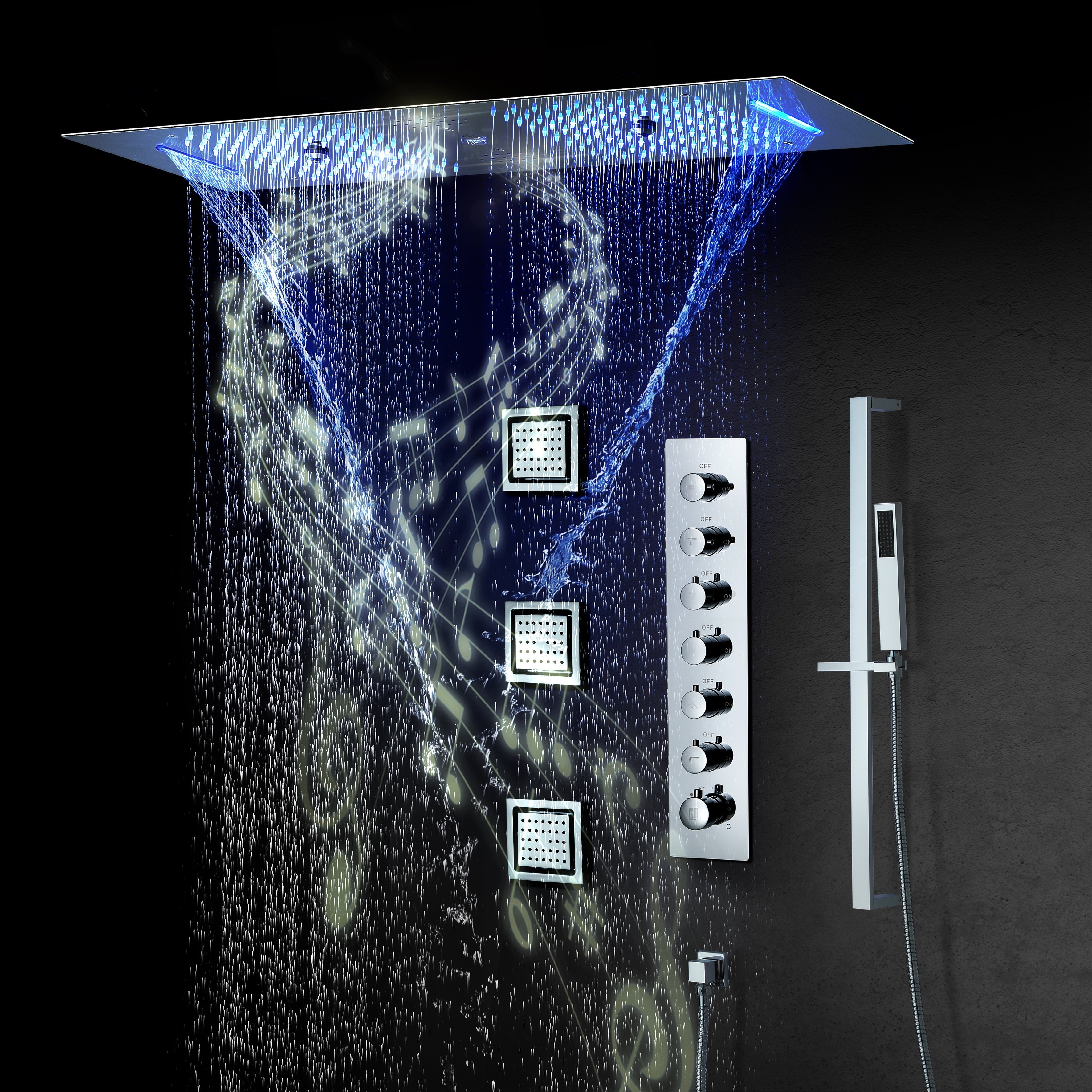 EDEN CHROME | Luxury 36" Inches Complete Led Music Shower Set Rain/waterfall/mist Spray/water Column/3 Large Body Jets Functions