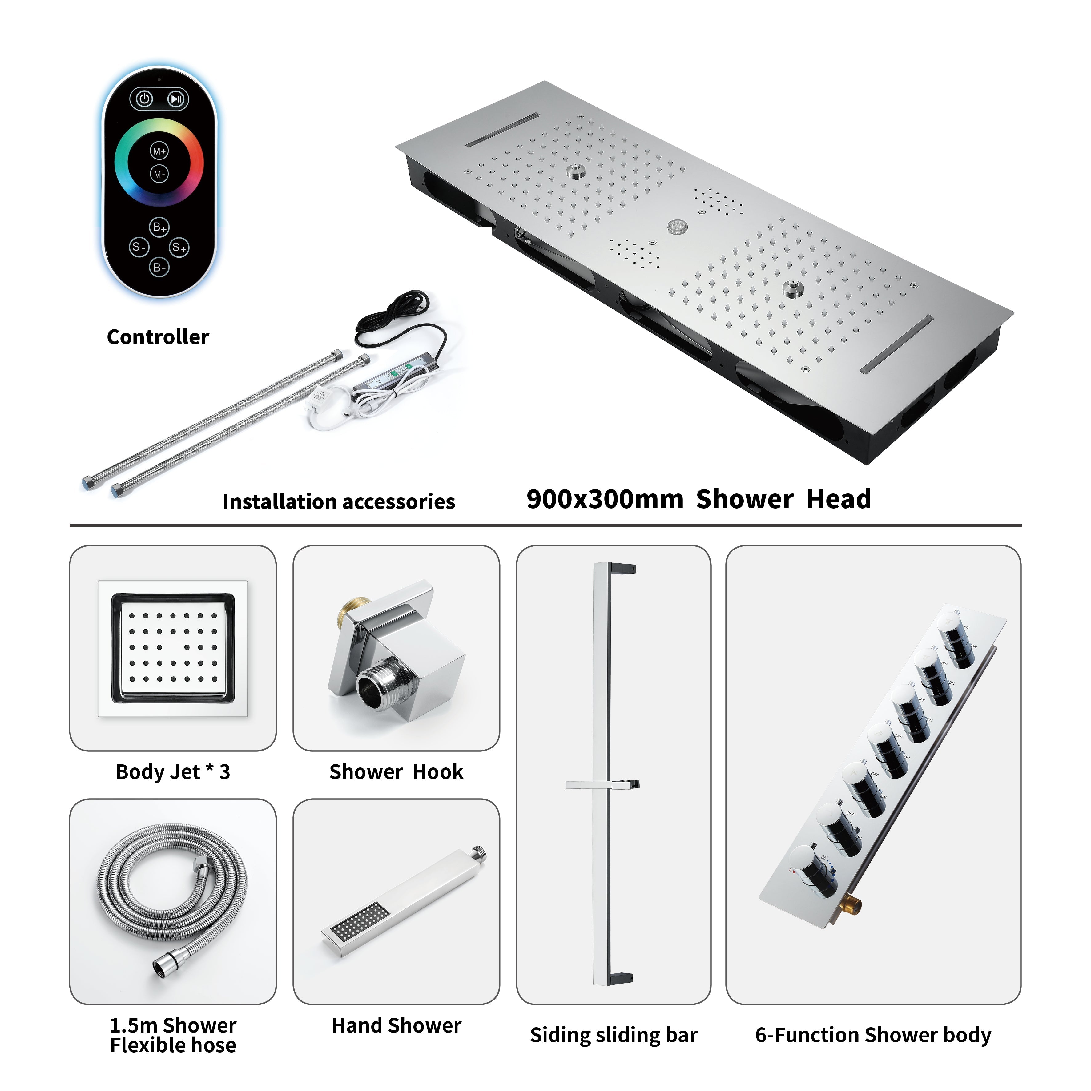 EDEN CHROME | Luxury 36" Inches Complete Led Music Shower Set Rain/waterfall/mist Spray/water Column/3 Large Body Jets Functions