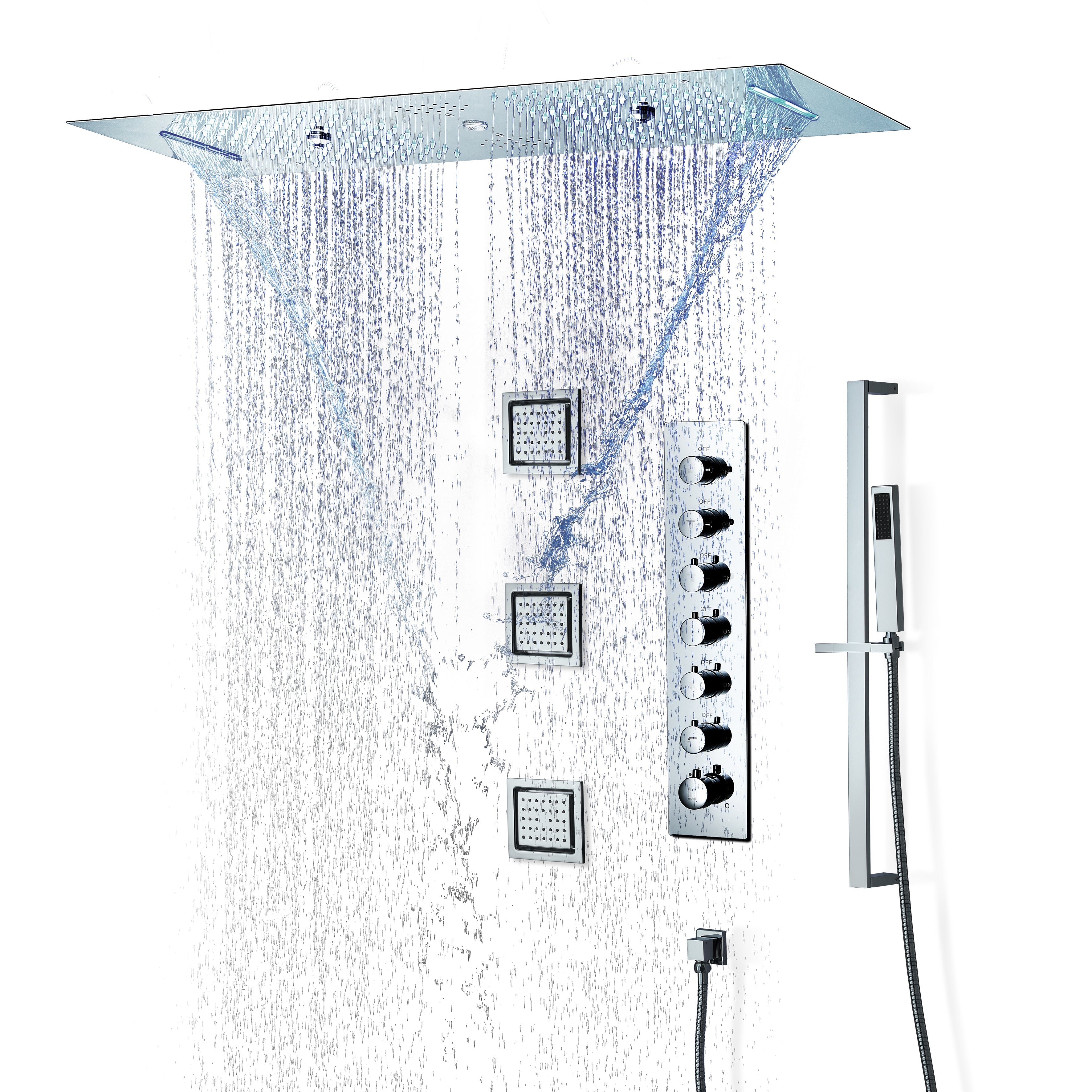 EDEN CHROME | Luxury 36" Inches Complete Led Music Shower Set Rain/waterfall/mist Spray/water Column/3 Large Body Jets Functions