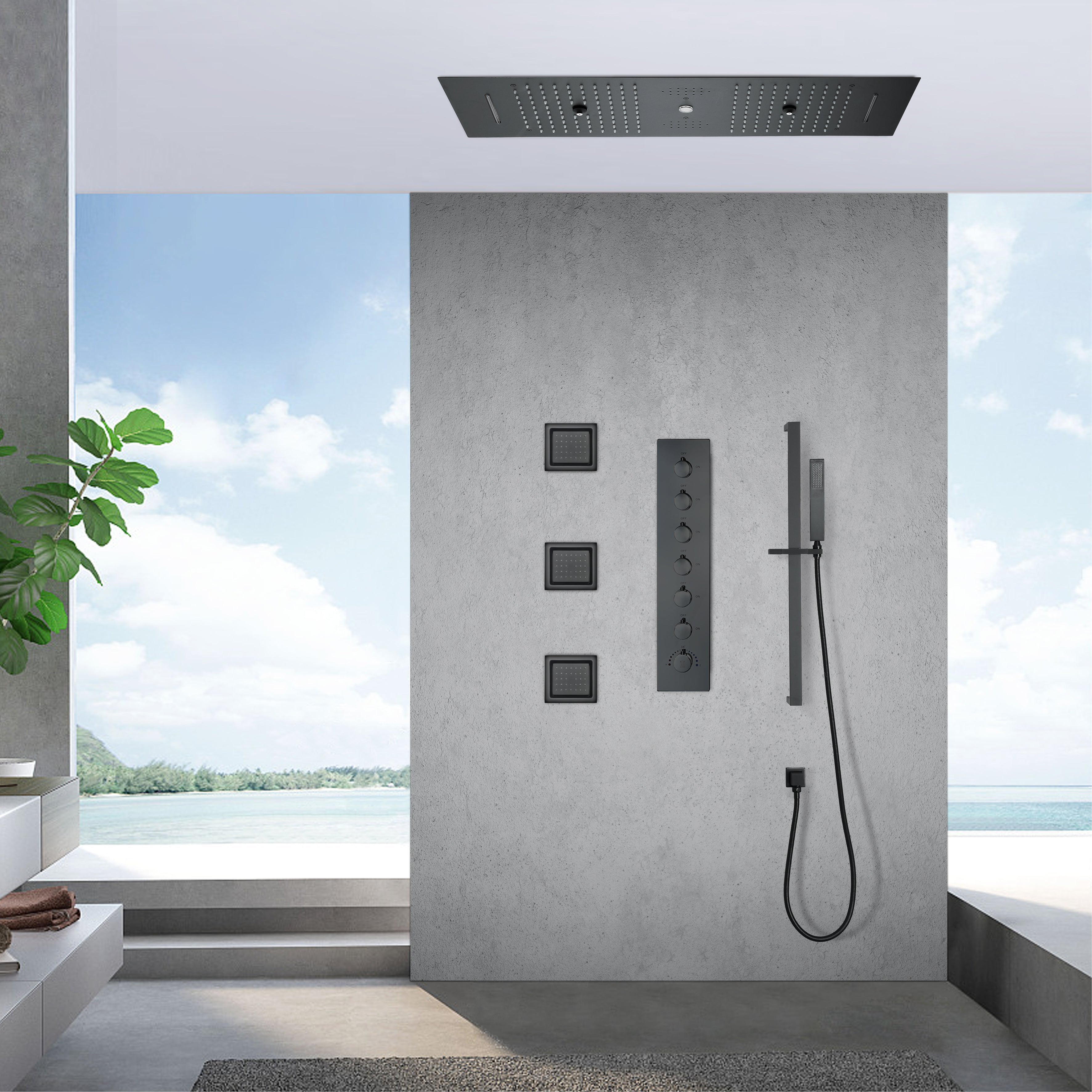 EDEN  | 36" Ceiling Mounted Complete LED Music Shower Set Rainfall/Waterfall/Mist Spray/Water Column/Large Body Jets