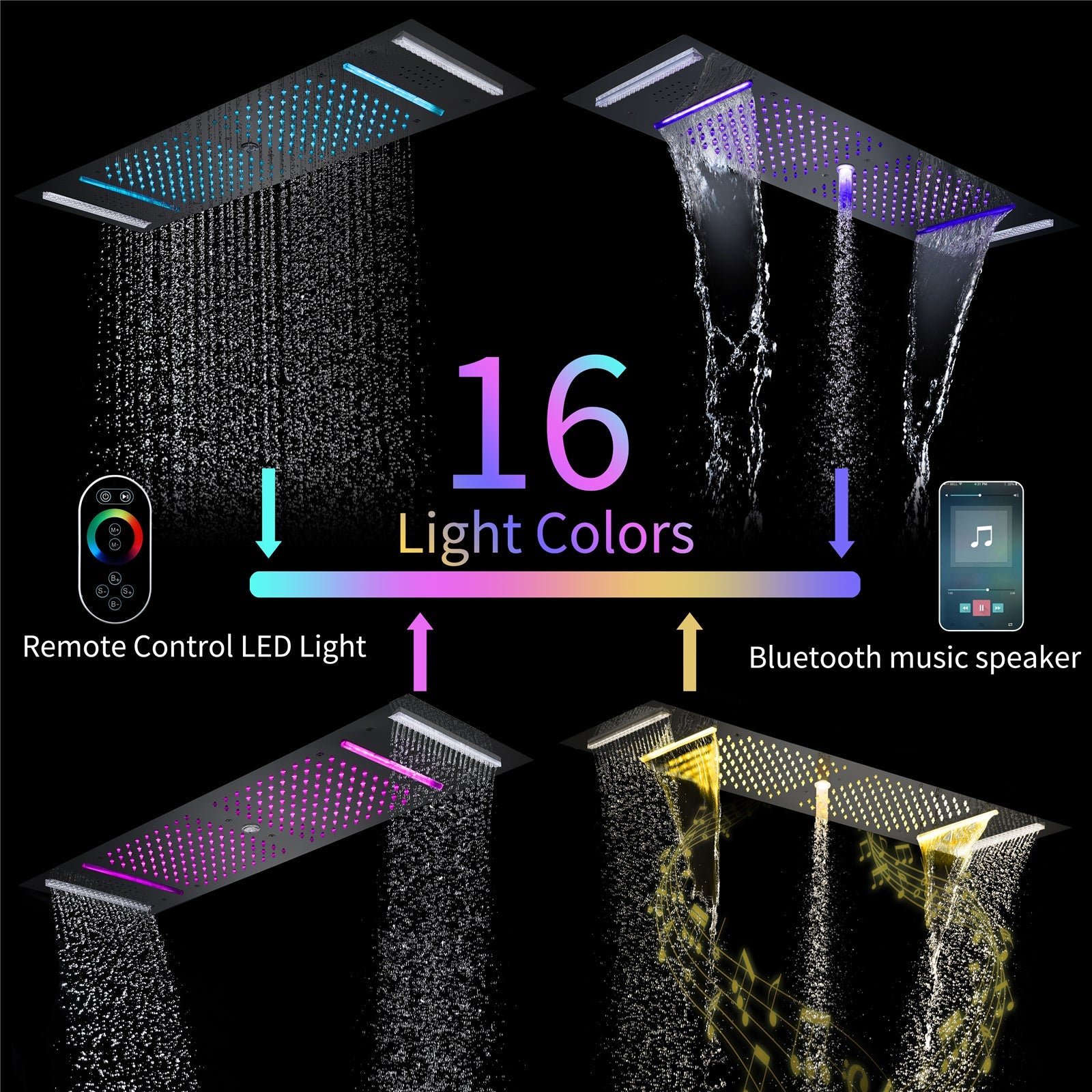 Fuse | 36" In Dual Showerhead Complete Led Music Shower Set 6 Body Jets 2x Wall Mounted Rainfall Showerhead