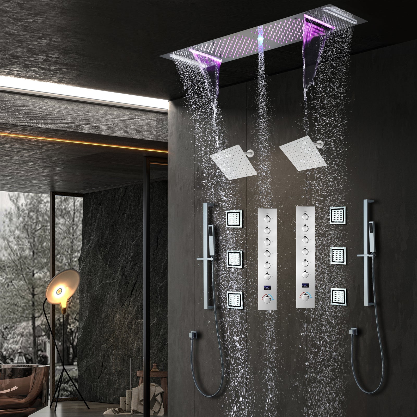 Fuse | 36" In Dual Showerhead Complete Led Music Shower Set 6 Body Jets 2x Wall Mounted Rainfall Showerhead