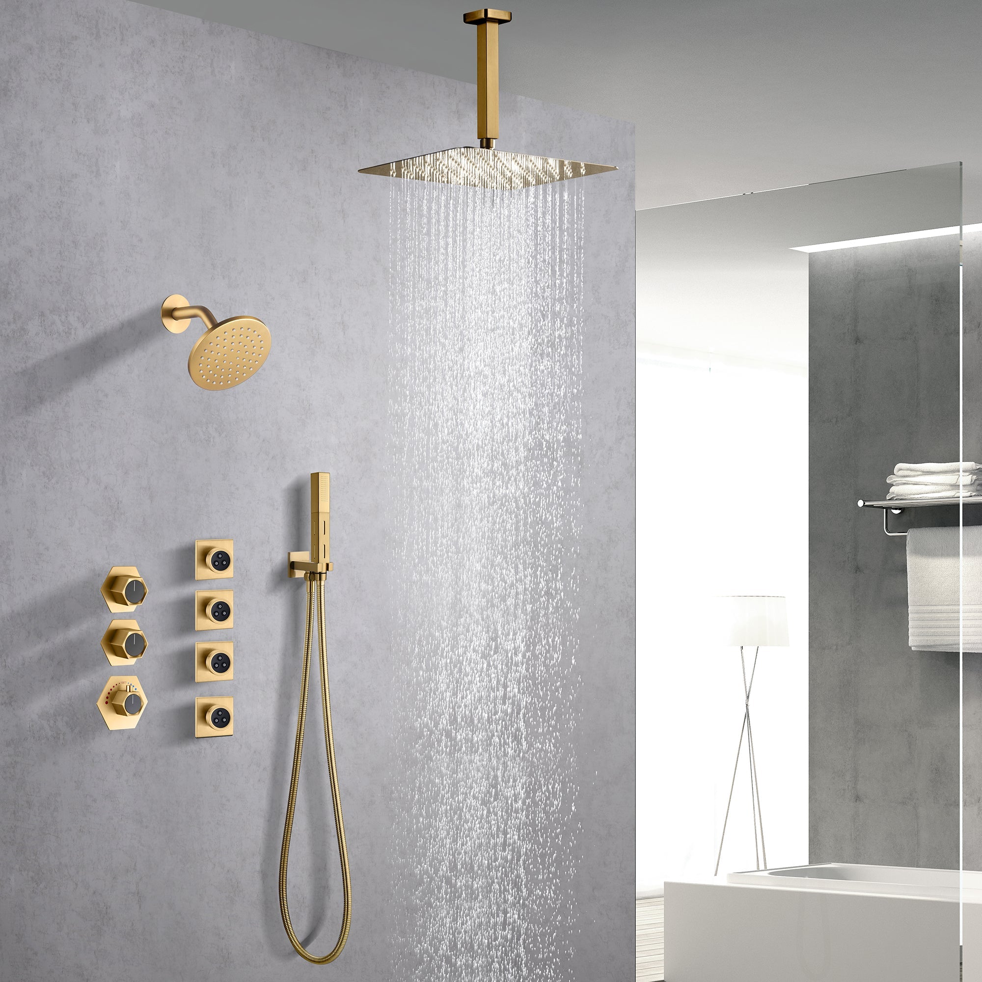 FUSION|COMPLETE CEILING MOUNT RAINFALL SHOWER SYSTEM WITH BODY JETS WALL MOUNT SHOWERHEAD