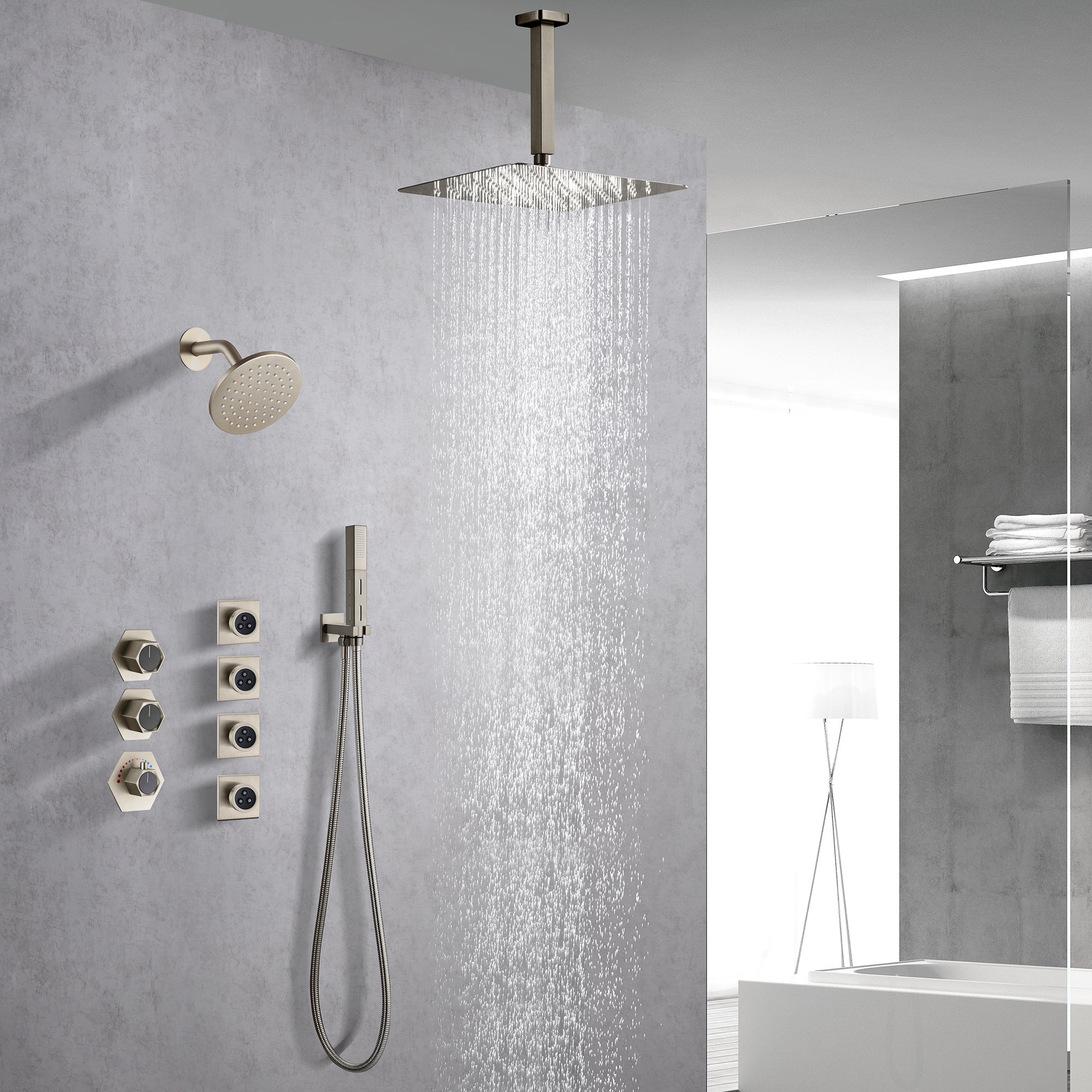 FUSION|COMPLETE CEILING MOUNT RAINFALL SHOWER SYSTEM WITH BODY JETS WALL MOUNT SHOWERHEAD