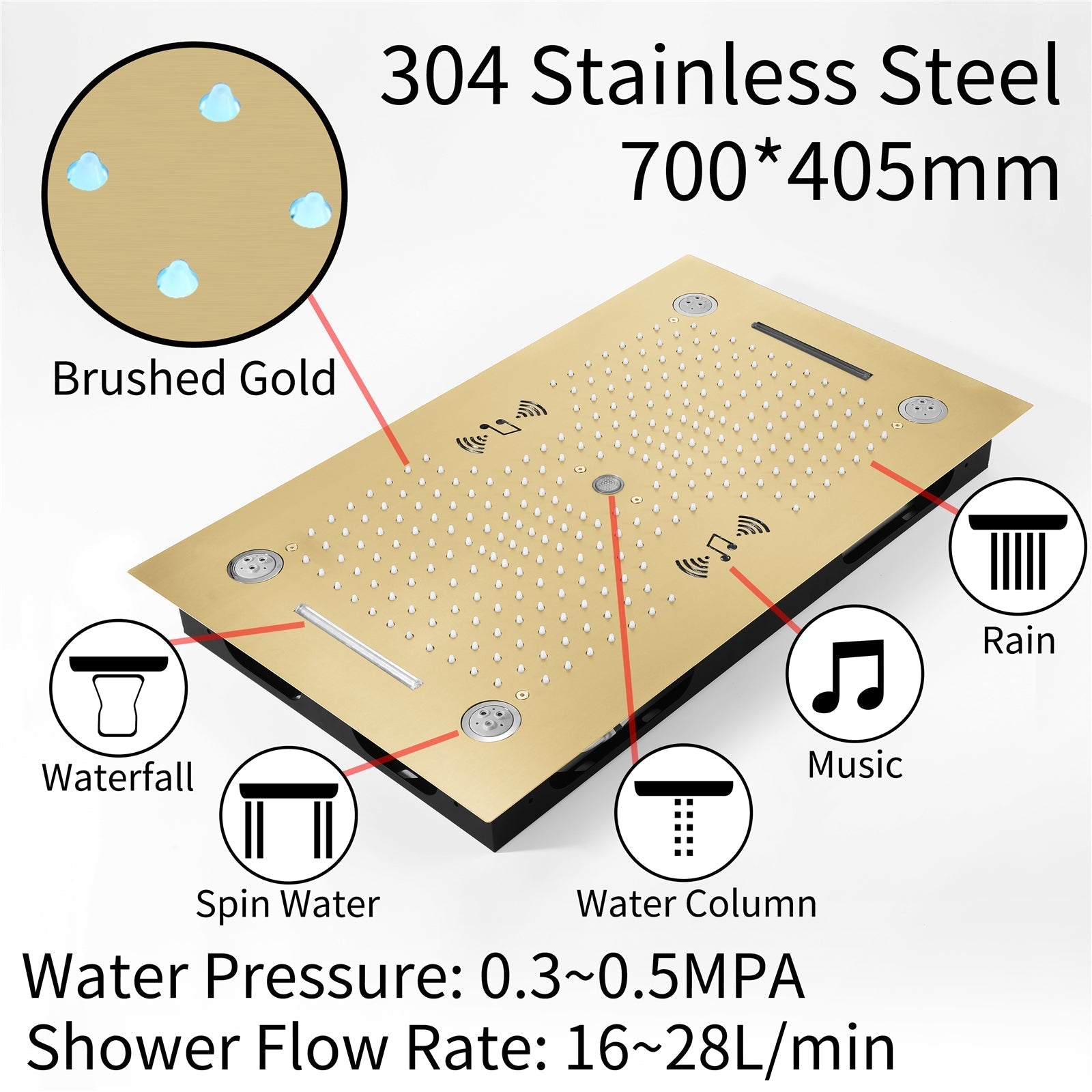 HAVASU| 28" COMLETE LED MUSIC  SHOWER SYSTEM RAINFALL WATERFALL 6 BODY JETS SHOWER SET