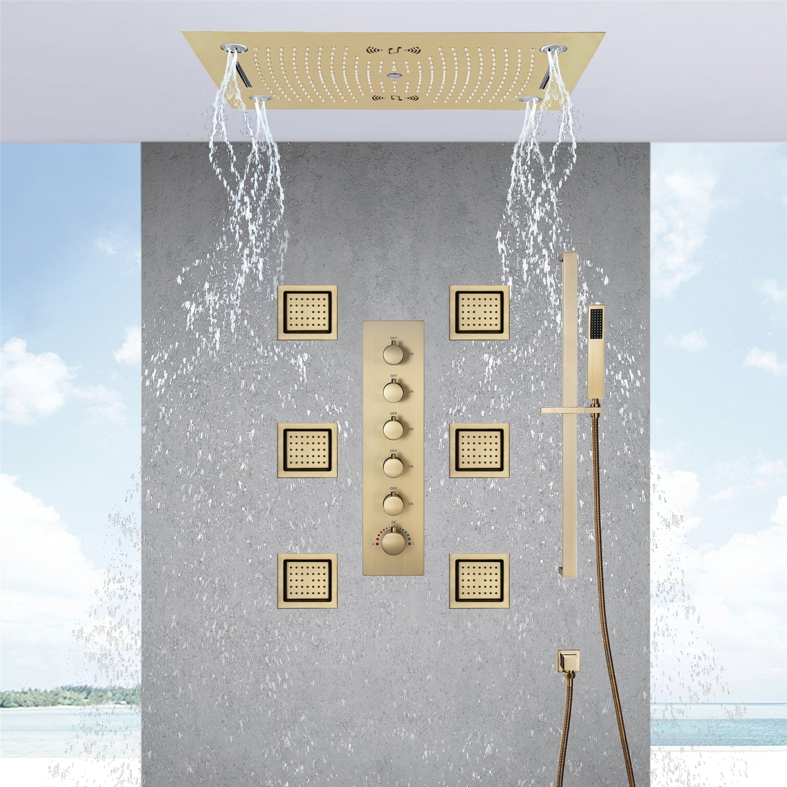 HAVASU| 28" COMLETE LED MUSIC  SHOWER SYSTEM RAINFALL WATERFALL 6 BODY JETS SHOWER SET