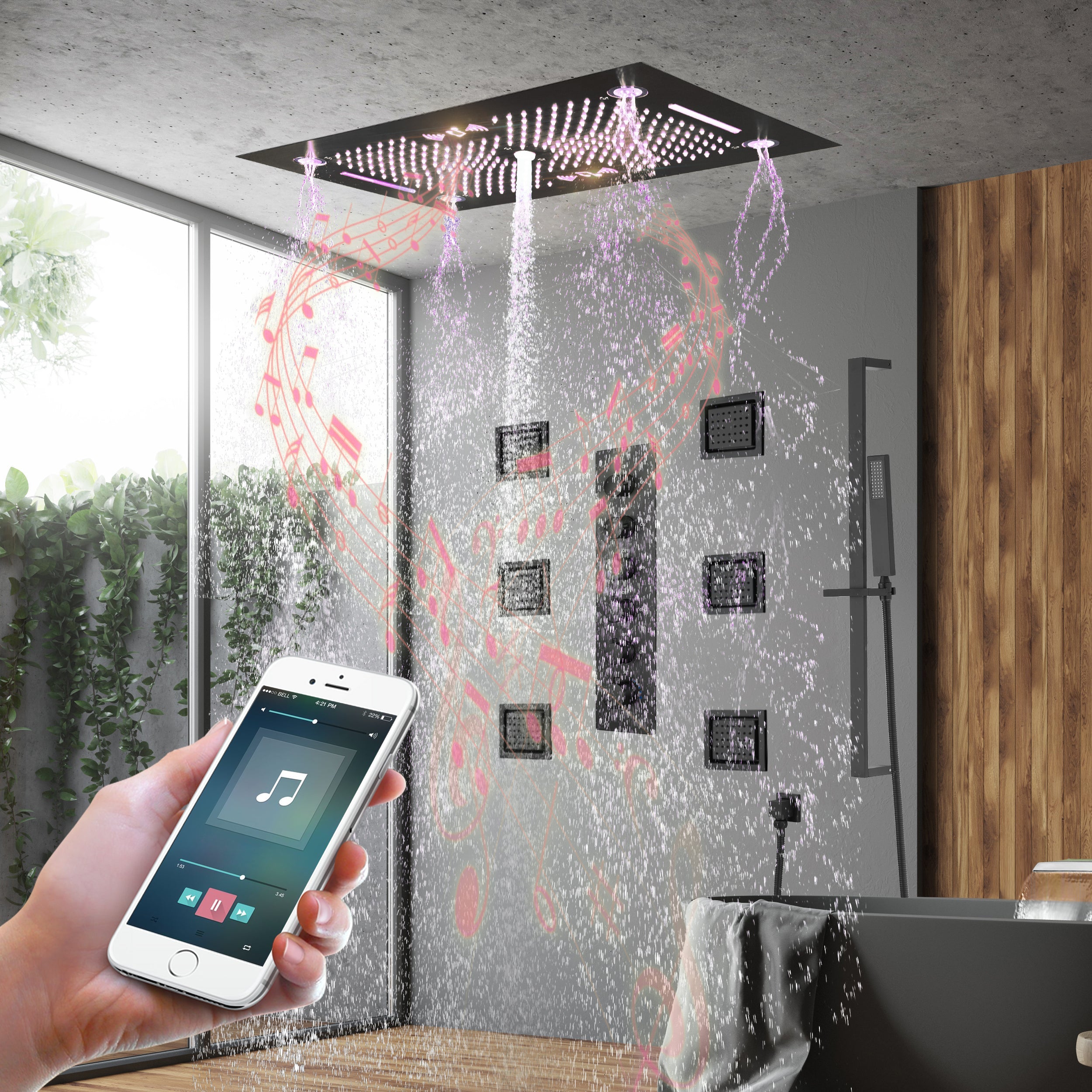 HAVASU| 28" COMLETE LED MUSIC  SHOWER SYSTEM RAINFALL WATERFALL 6 BODY JETS SHOWER SET