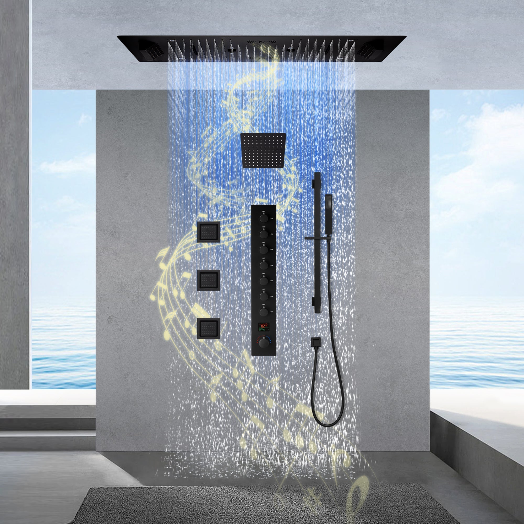 Ivey|36"Inch Complete Led Music Shower System Rainfall Waterfall & Wall Mounted Showerhead