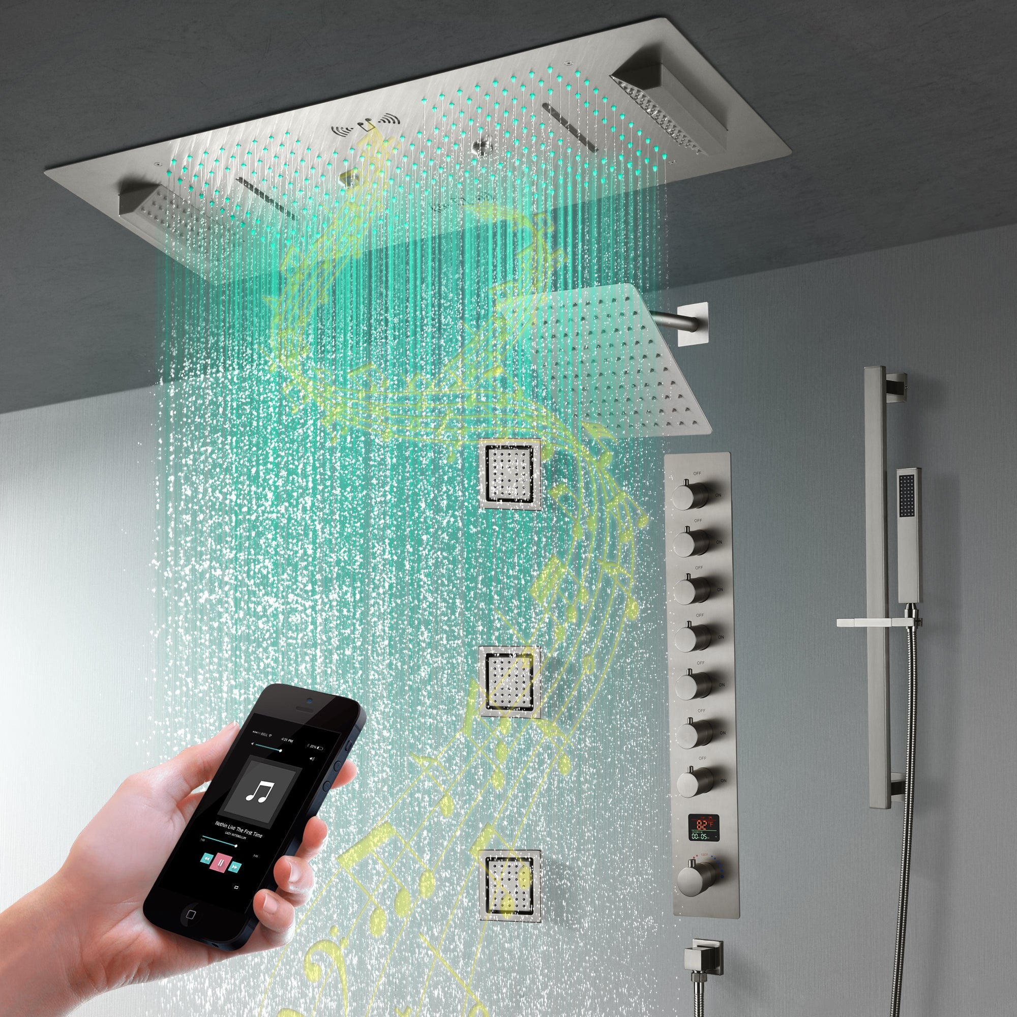 Ivey|36"Inch Complete Led Music Shower System Rainfall Waterfall & Wall Mounted Showerhead