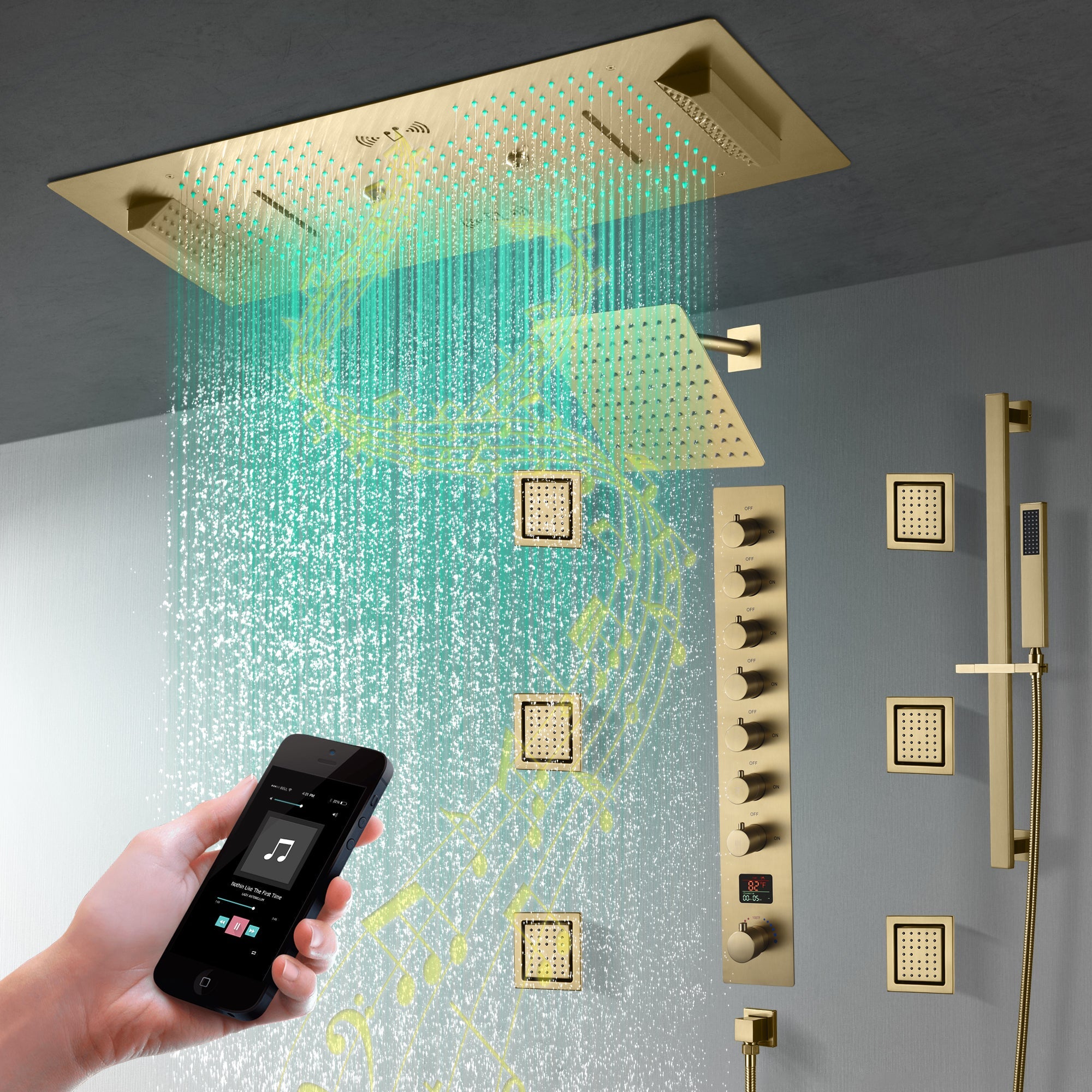 Ivey|36"Inch Complete Led Music Shower System Rainfall Waterfall & Wall Mounted Showerhead