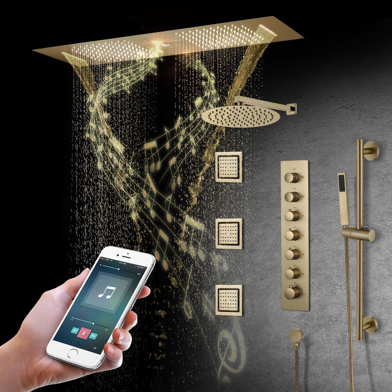 IVORY| 36" Complete ceiling shower set with 10" inch wall mounted rainfall showerhead 3 body jets dual shower head set