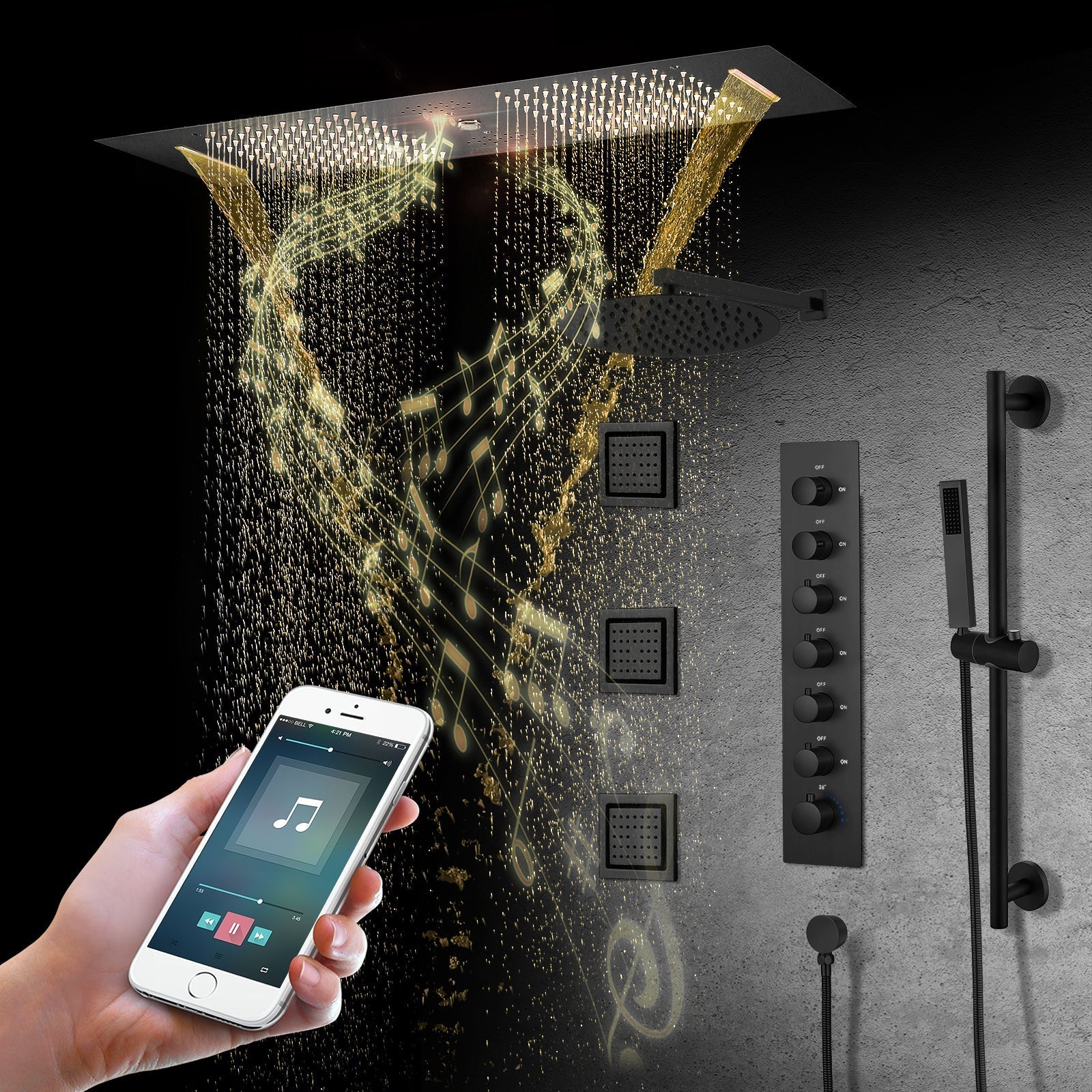 IVORY| 36" Complete ceiling shower set with 10" inch wall mounted rainfall showerhead 3 body jets dual shower head set