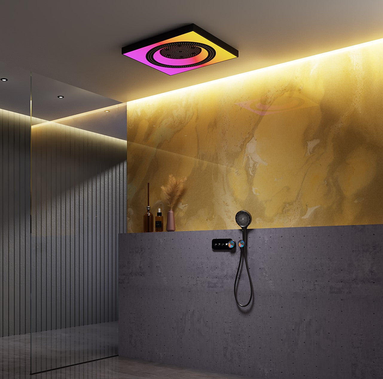 LAS VEGAS| 23.5" LUXURY CEILING MOUNTED  COMPLETE THERMOSTASTIC LED SHOWER SET WITH RAINFALL  MIST SPRAY WATER CURTAIN