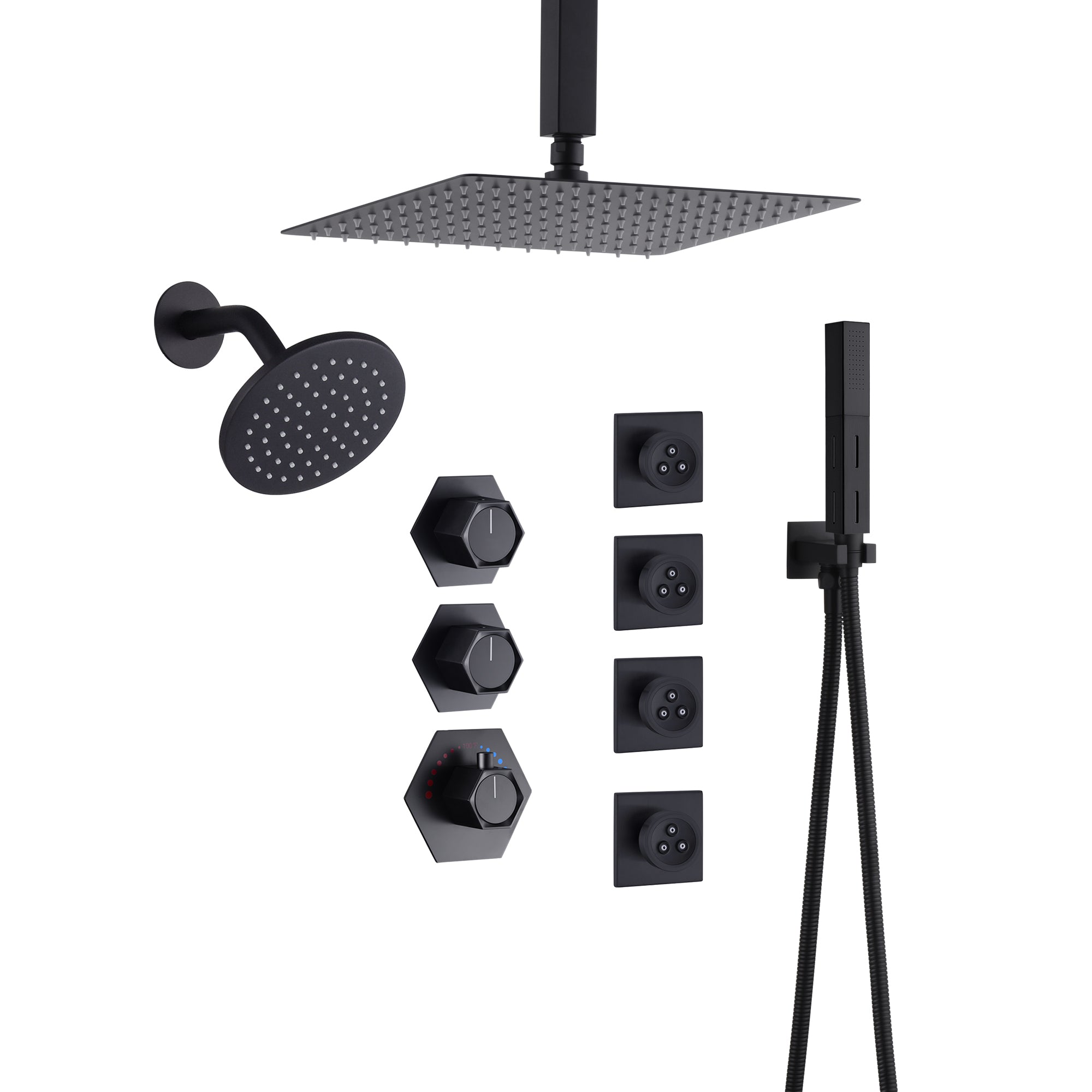 FUSION|COMPLETE CEILING MOUNT RAINFALL SHOWER SYSTEM WITH BODY JETS WALL MOUNT SHOWERHEAD