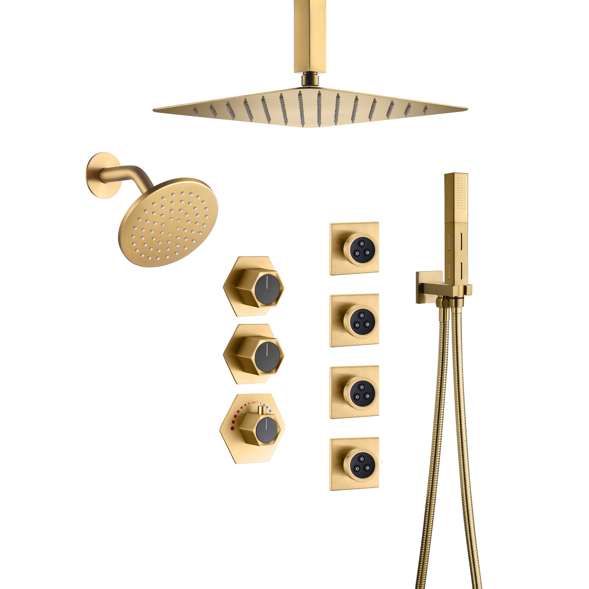 FUSION|COMPLETE CEILING MOUNT RAINFALL SHOWER SYSTEM WITH BODY JETS WALL MOUNT SHOWERHEAD