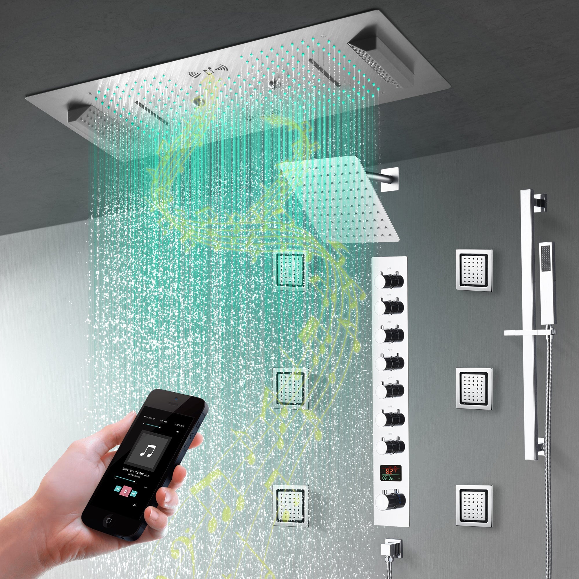 Ivey|36"Inch Complete Led Music Shower System Rainfall Waterfall & Wall Mounted Showerhead