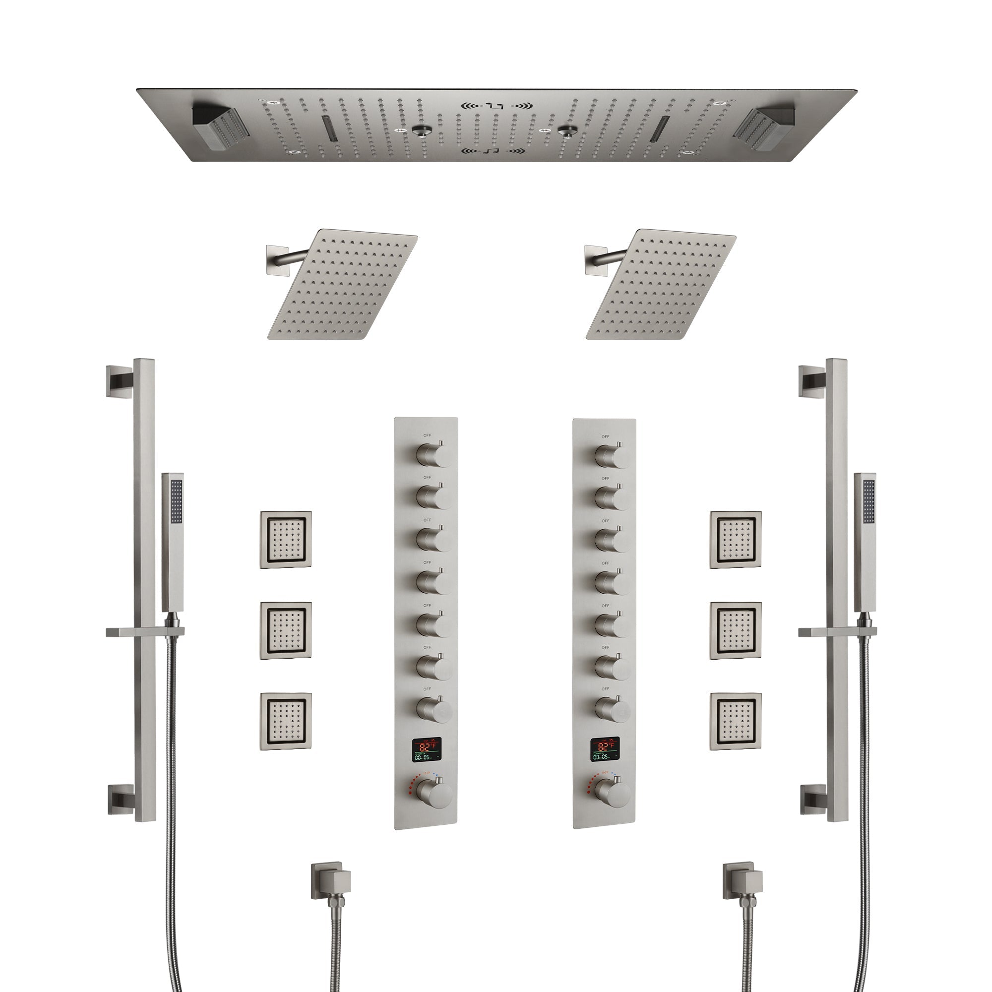 Colorado|36"X 16" In Dual Showerhead 7 Functions Complete Led Music Shower System 6 Body Jets 2x Wall Mounted Rainfall Showerhead