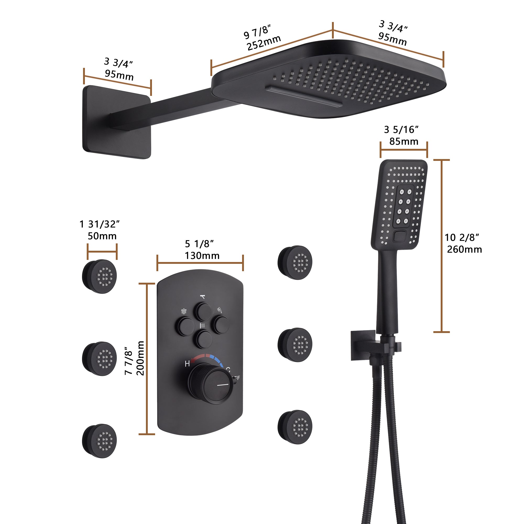 AREZO Rainfall Waterfall Shower System with Hand Shower & 6 Body Sprays