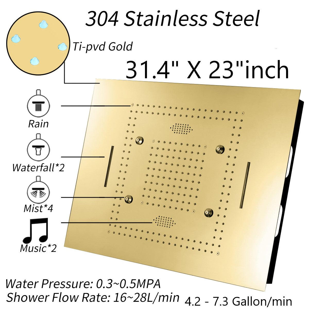 MALDIVES | Gold 31" Inch Luxury Complete Led Music Shower Set Rain / Waterfall / Mist Spray Functions 6 Body Jets & Hand Shower