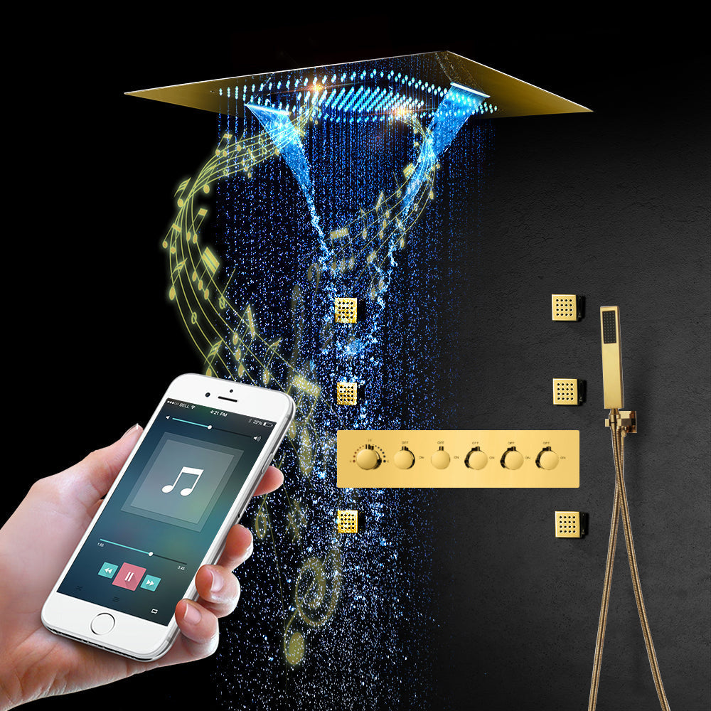 MALDIVES | Gold 31" Inch Luxury Complete Led Music Shower Set Rain / Waterfall / Mist Spray Functions 6 Body Jets & Hand Shower