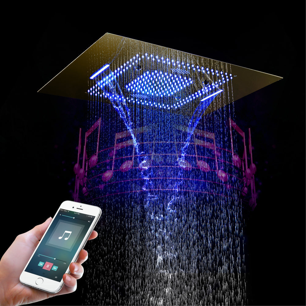 MALDIVES | Gold 31" Inch Luxury Complete Led Music Shower Set Rain / Waterfall / Mist Spray Functions 6 Body Jets & Hand Shower