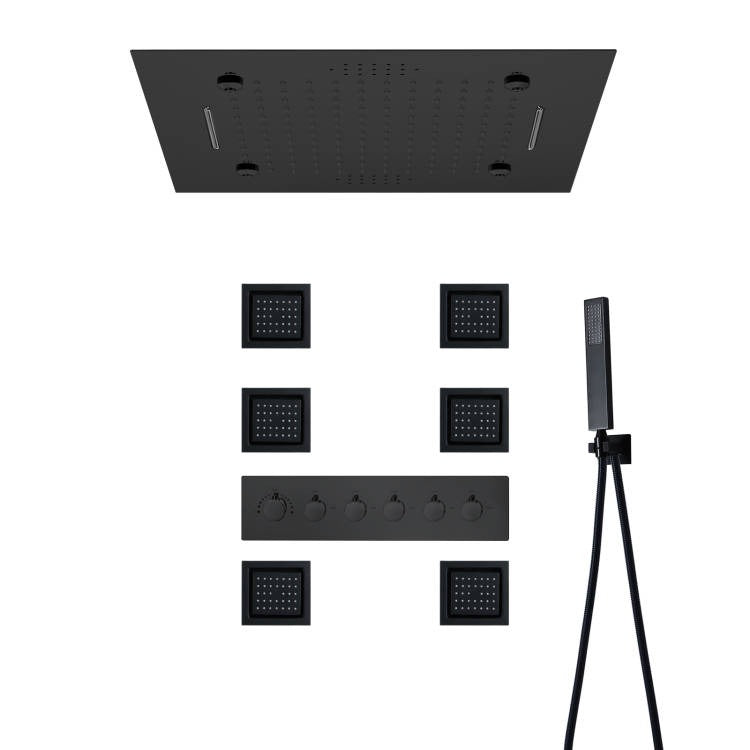 MONACO BLACK | 20"x 20" Complete Luxury LED Music shower set Rainfall , Waterfall, Mist Spray 6x Body Jets