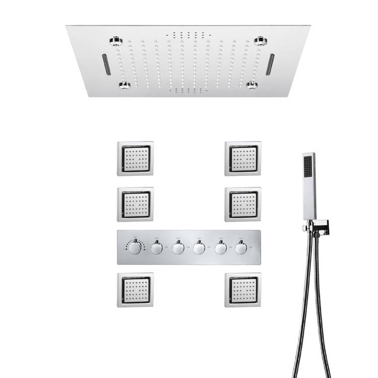 MONACO Chrome | 20" x 20" Complete Luxury LED Music shower set Rainfall , Waterfall, Mist Spray 6x Body Jets