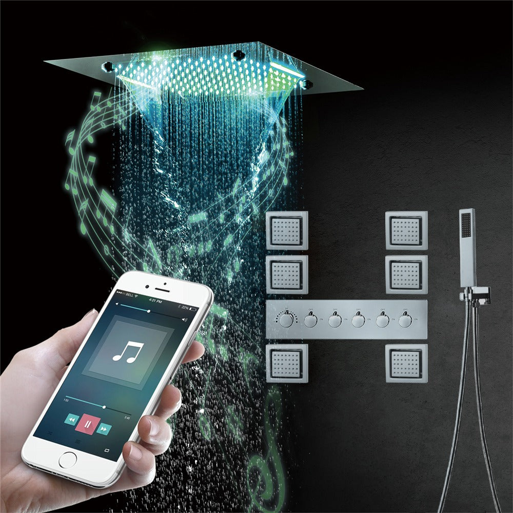 MONACO Chrome | 20" x 20" Complete Luxury LED Music shower set Rainfall , Waterfall, Mist Spray 6x Body Jets