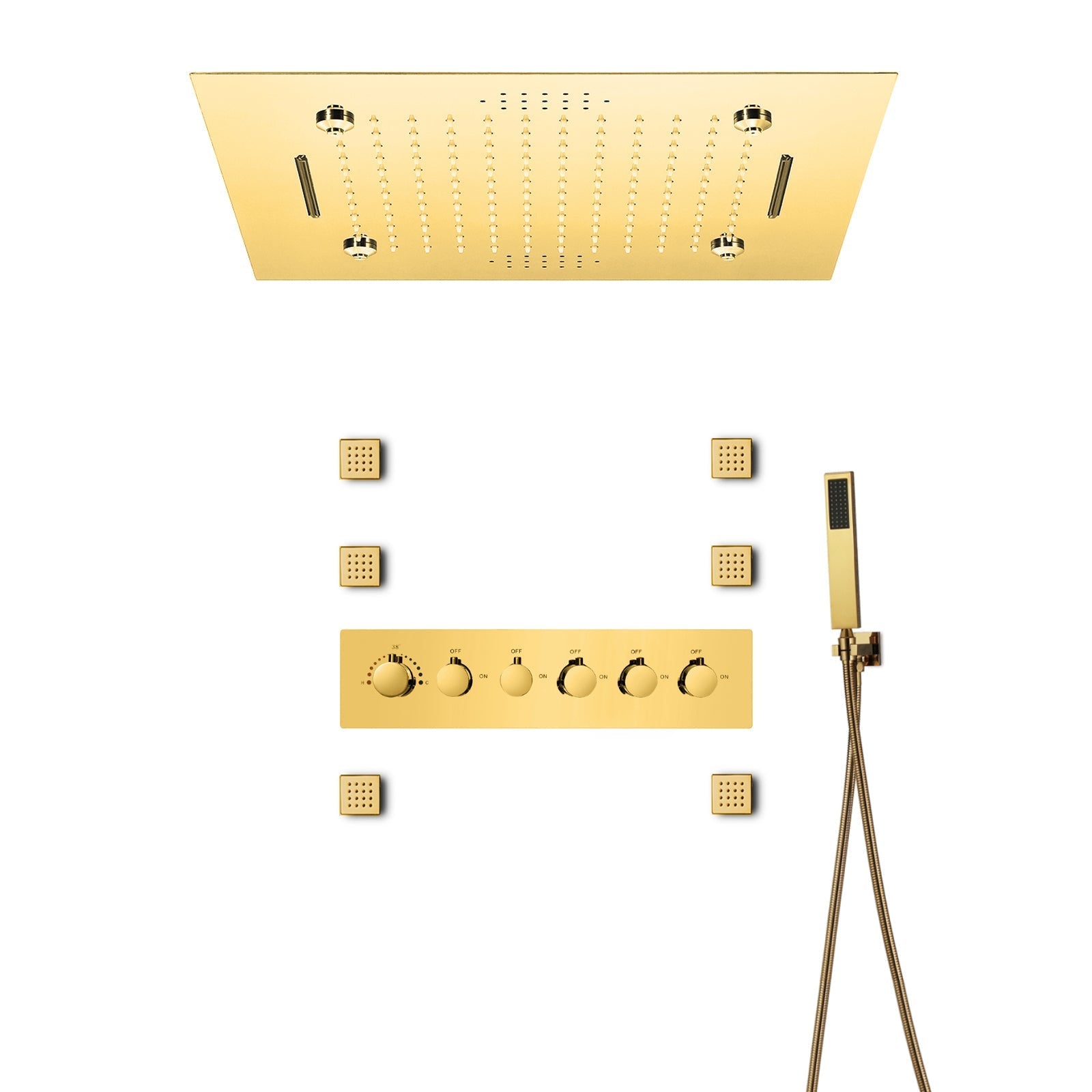 MONACO Gold | 20" x 20" Complete Luxury LED Music shower set Rainfall , Waterfall, Mist Spray 6x Body Jets