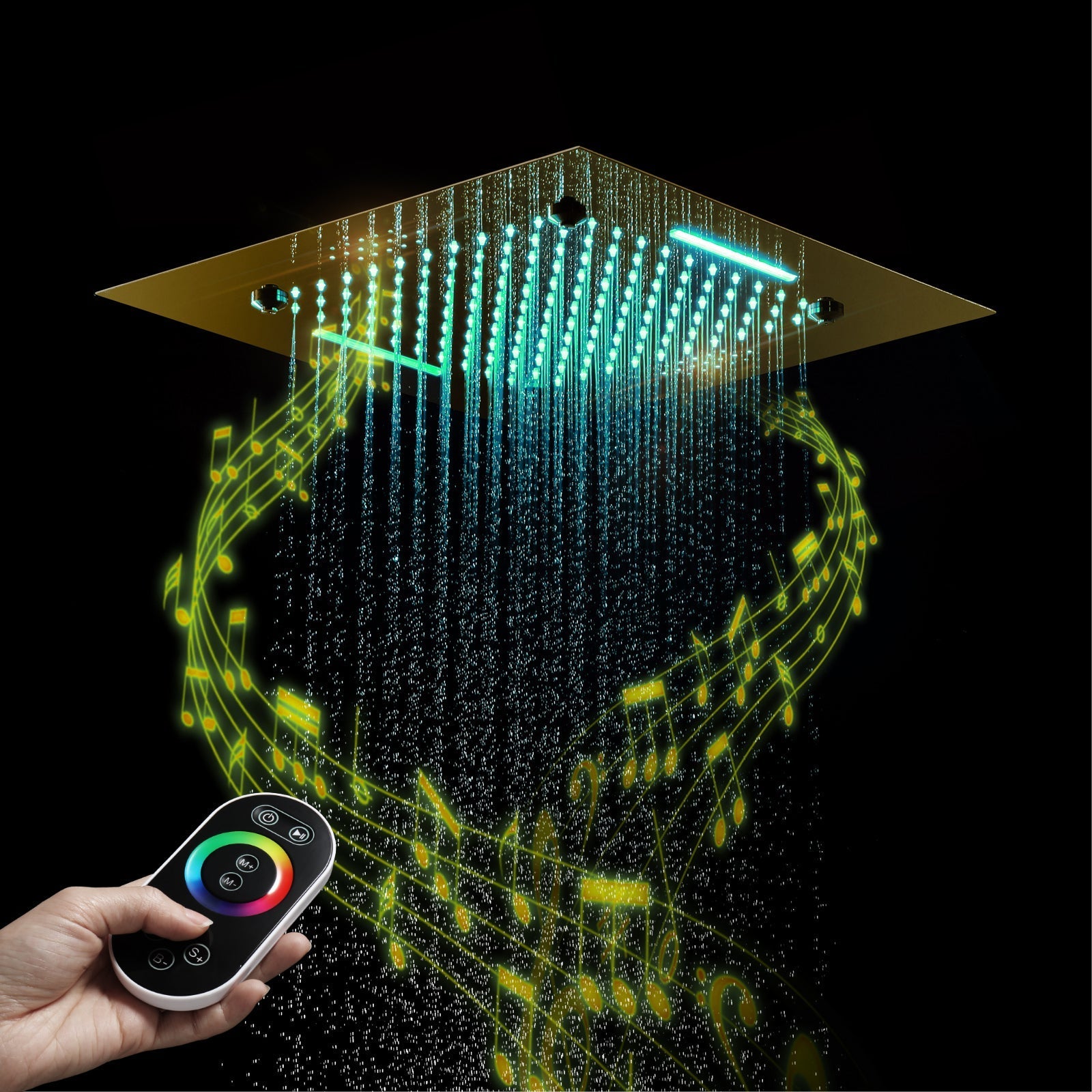 MONACO Gold | 20" x 20" Complete Luxury LED Music shower set Rainfall , Waterfall, Mist Spray 6x Body Jets