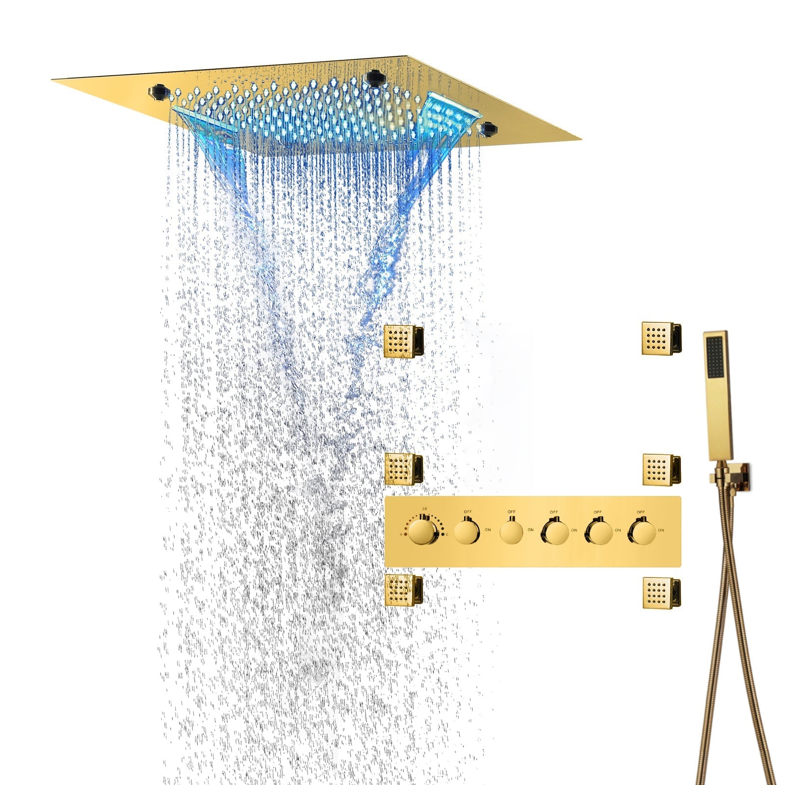MONACO Gold | 20" x 20" Complete Luxury LED Music shower set Rainfall , Waterfall, Mist Spray 6x Body Jets