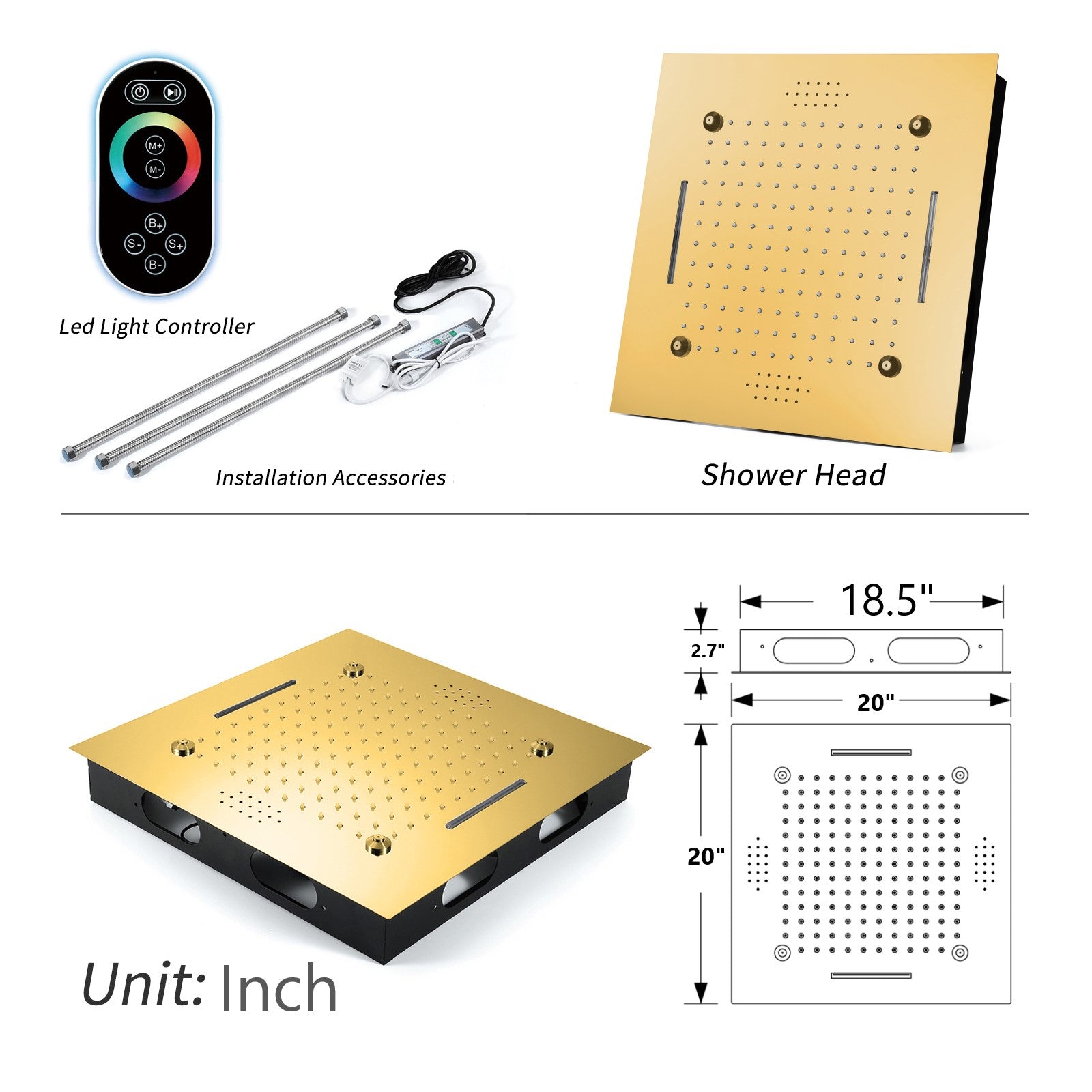 MONACO Gold | 20" x 20" Complete Luxury LED Music shower set Rainfall , Waterfall, Mist Spray 6x Body Jets