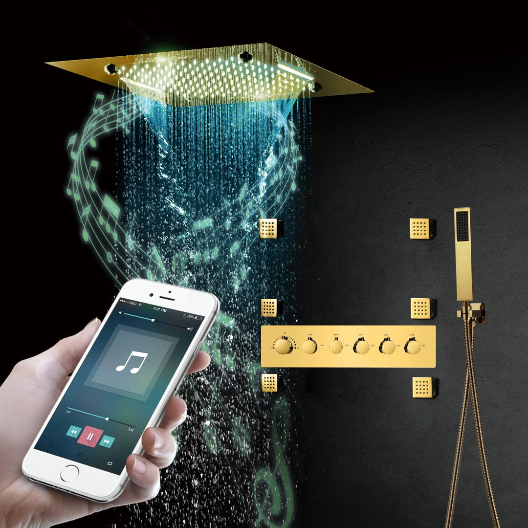 MONACO Gold | 20" x 20" Complete Luxury LED Music shower set Rainfall , Waterfall, Mist Spray 6x Body Jets