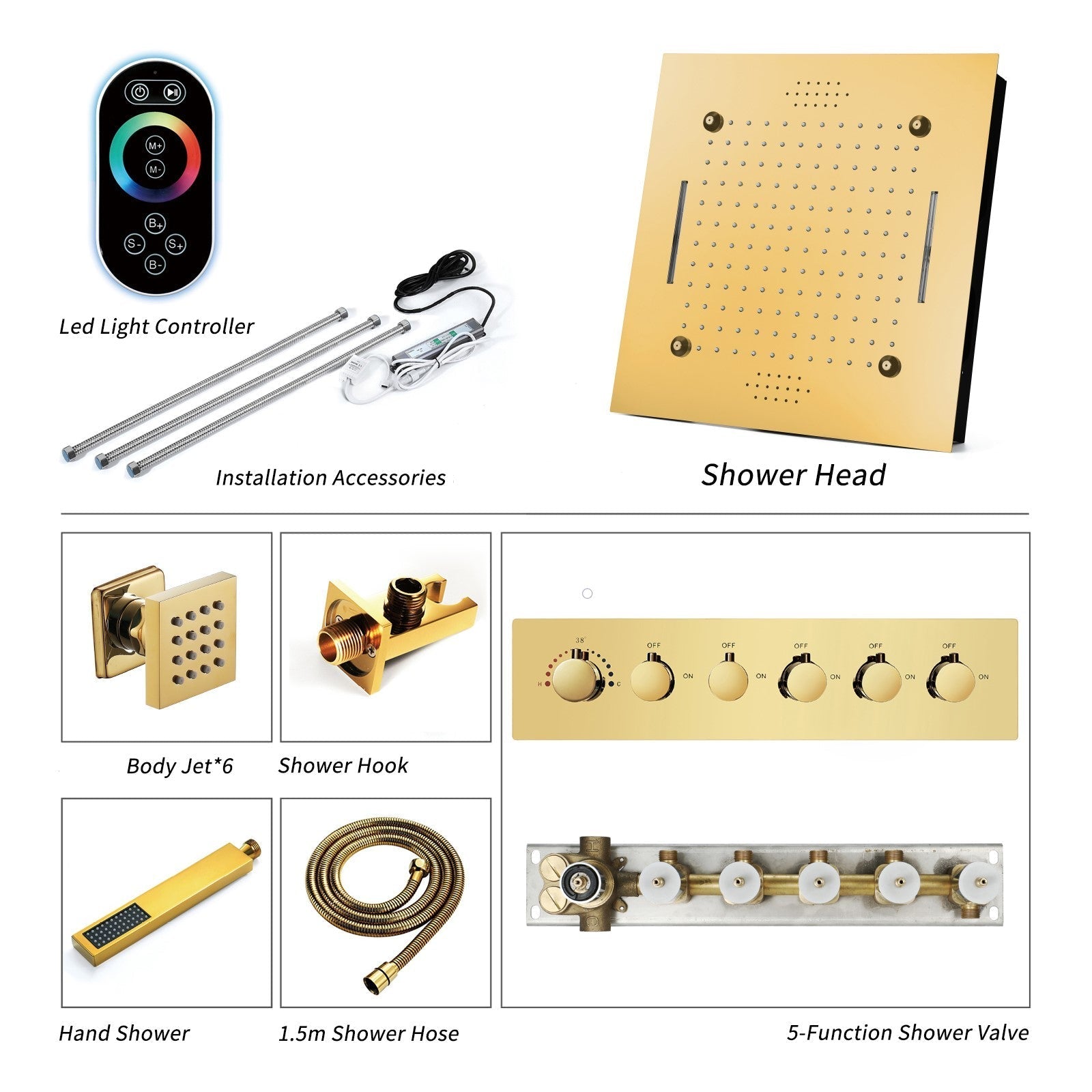MONACO Gold | 20" x 20" Complete Luxury LED Music shower set Rainfall , Waterfall, Mist Spray 6x Body Jets