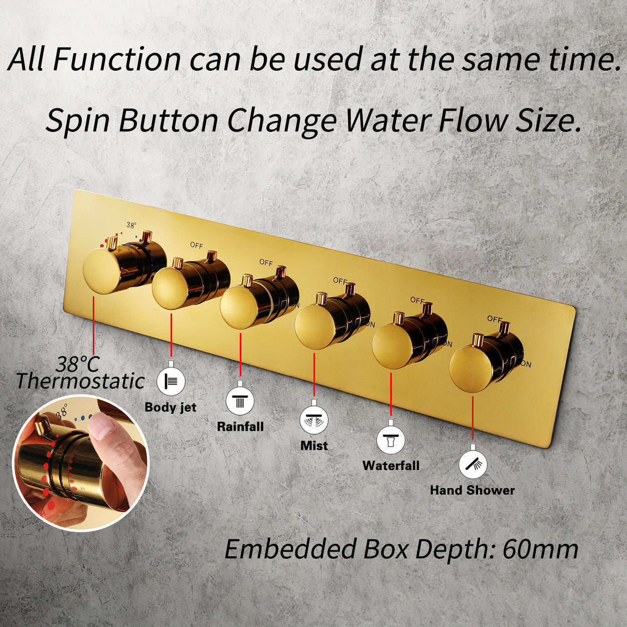 MONACO Gold | 20" x 20" Complete Luxury LED Music shower set Rainfall , Waterfall, Mist Spray 6x Body Jets