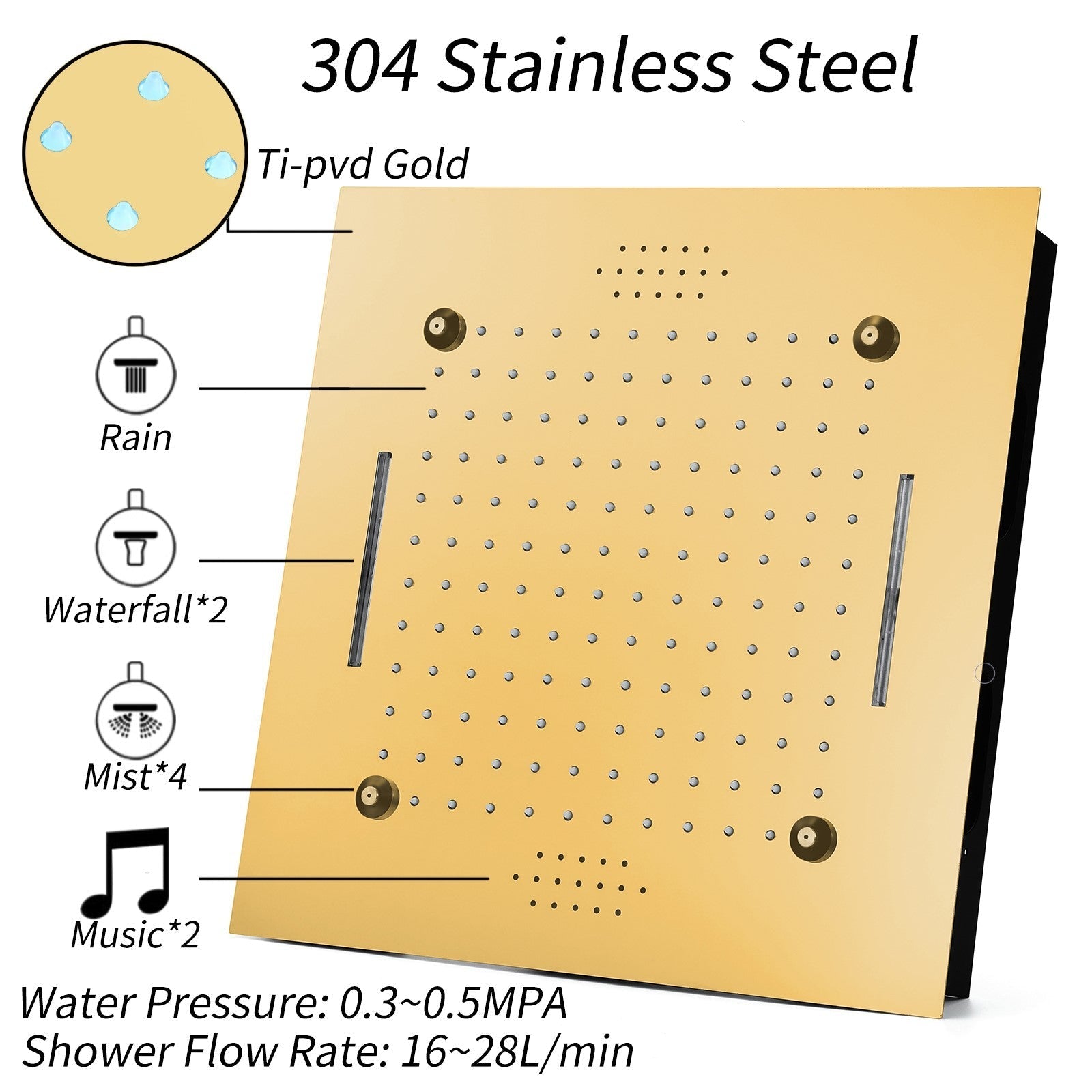 MONACO Gold | 20" x 20" Complete Luxury LED Music shower set Rainfall , Waterfall, Mist Spray 6x Body Jets