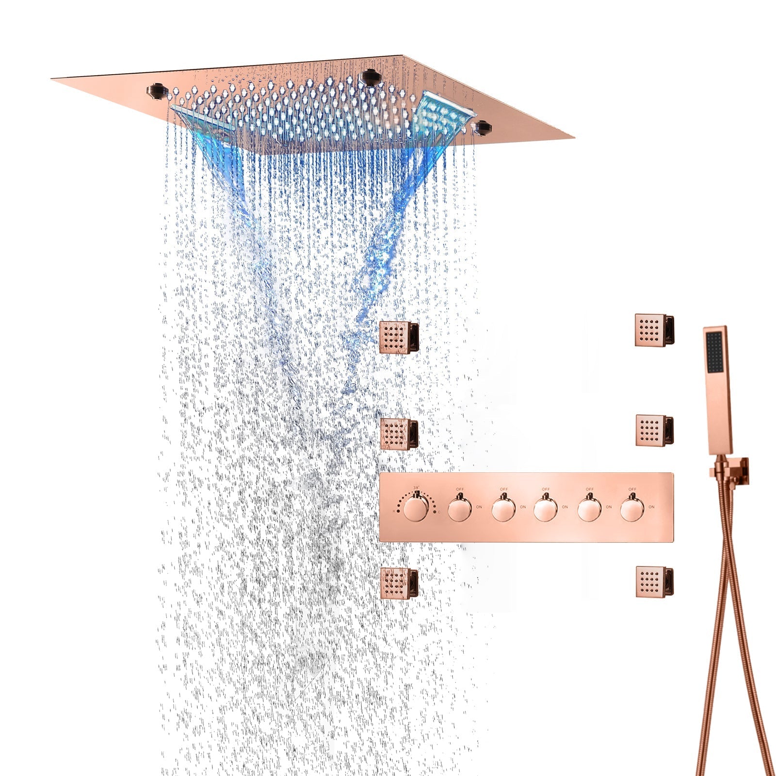 MONACO Rose Gold | 20" Complete Luxury LED Music shower set Rainfall , Waterfall, Mist Spray 6x Body Jets