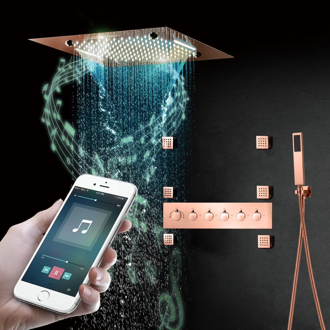 MONACO Rose Gold | 20" Complete Luxury LED Music shower set Rainfall , Waterfall, Mist Spray 6x Body Jets
