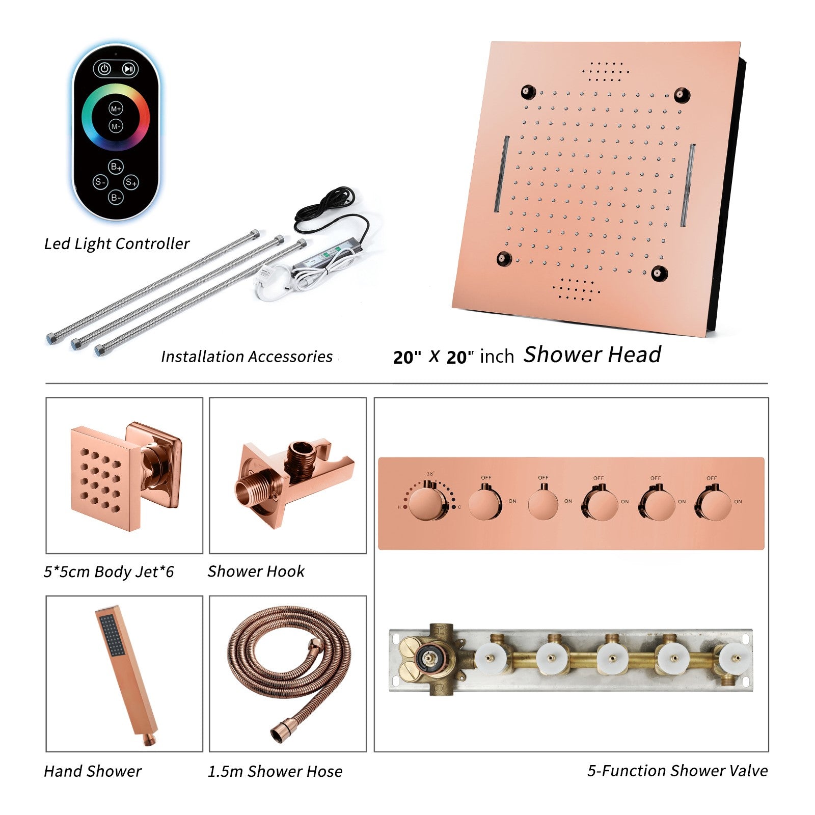MONACO Rose Gold | 20" Complete Luxury LED Music shower set Rainfall , Waterfall, Mist Spray 6x Body Jets