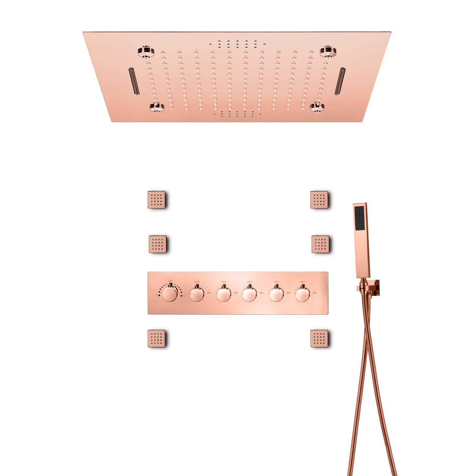 MONACO Rose Gold | 20" Complete Luxury LED Music shower set Rainfall , Waterfall, Mist Spray 6x Body Jets