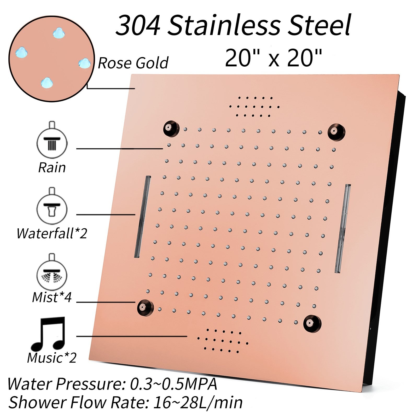 MONACO Rose Gold | 20" Complete Luxury LED Music shower set Rainfall , Waterfall, Mist Spray 6x Body Jets